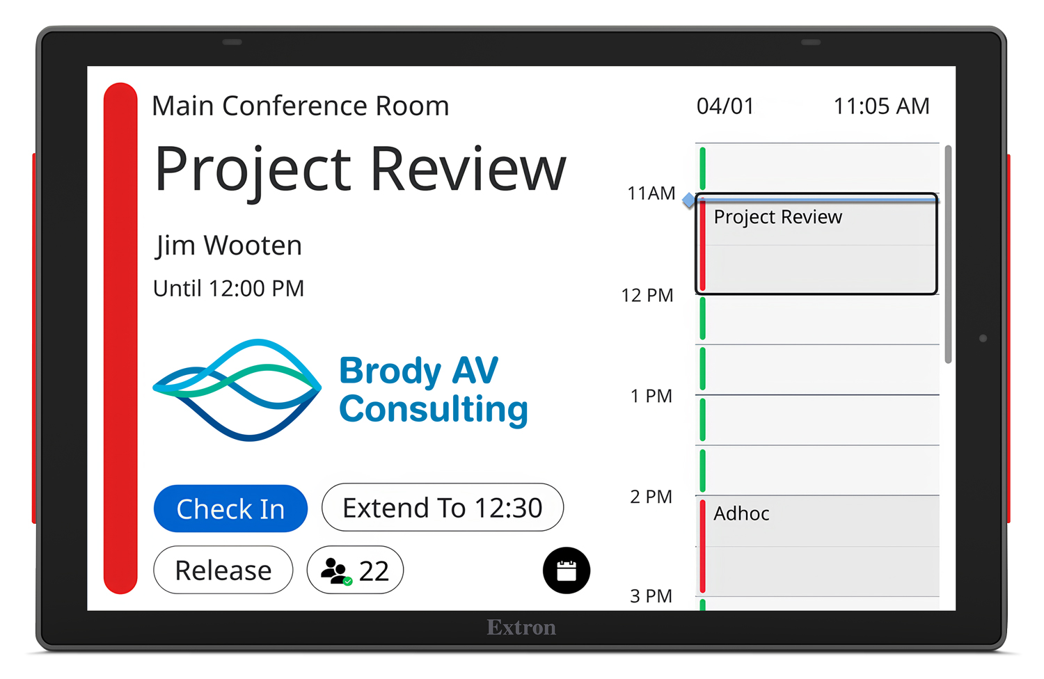 Room Agent software supports personalized branding. Users can check in, release a room, or extend a meeting from the panel. Room capacity is displayed. A scrollable 7-day calendar view makes it easy to book a future meeting.
