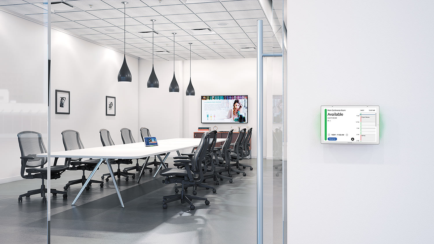Room Environment with White Finish TLS Scheduling Touchpanel Mounted on Wall