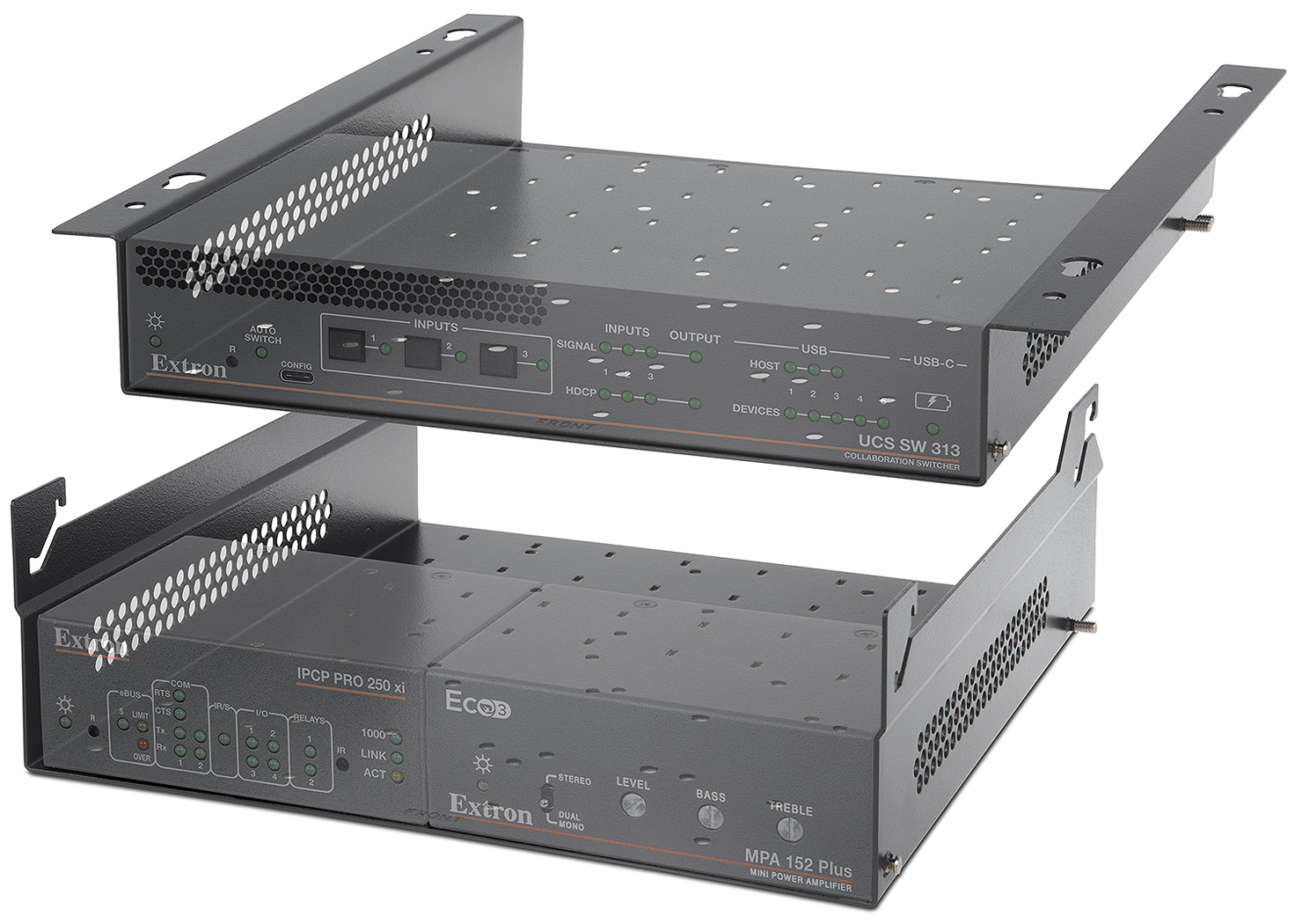 UTS 100 Primary shelf mounts directly to the furniture; one or more UTS 150 shelves can be mounted below for additional rack capacity