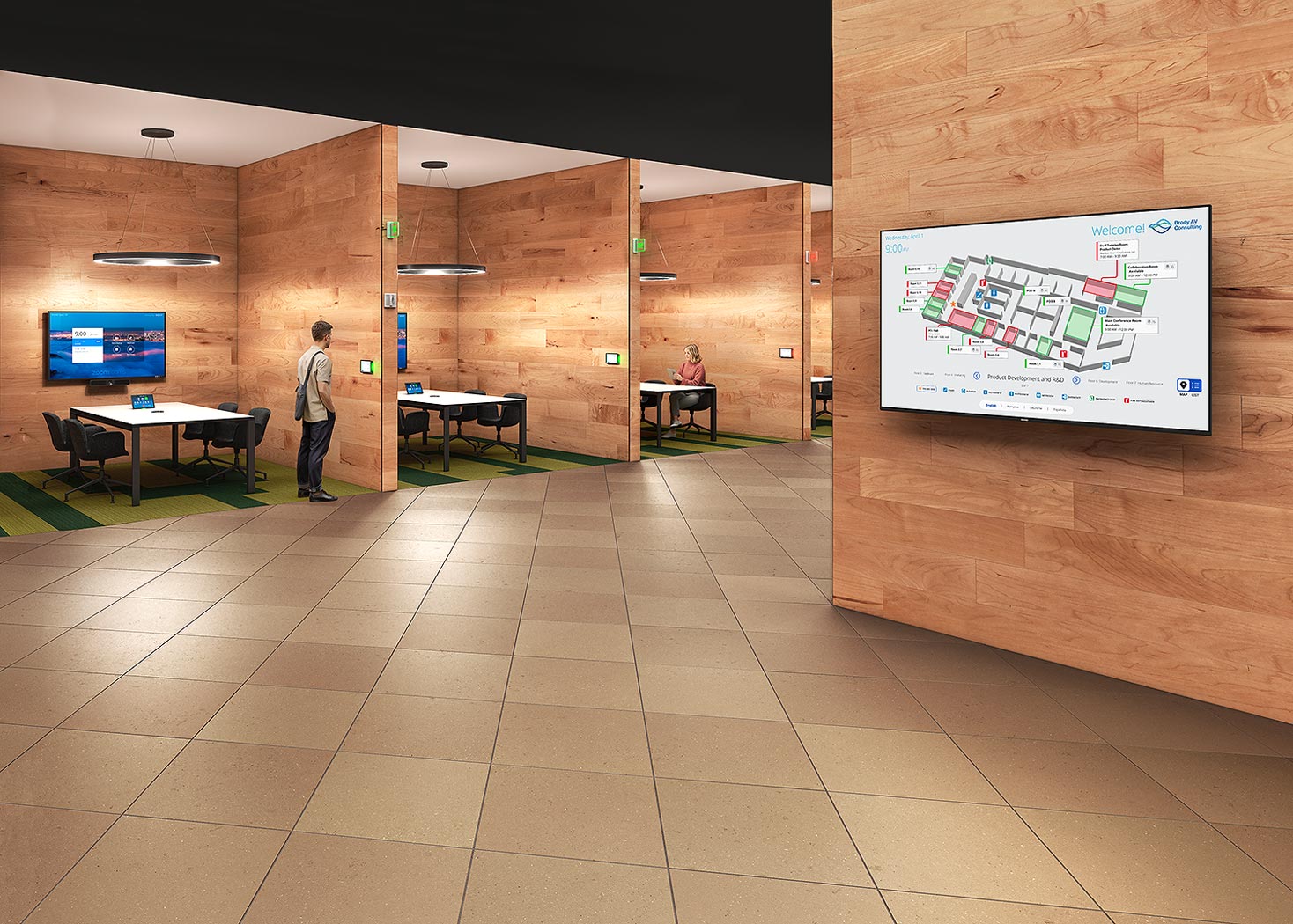 The room features TLS Scheduling Touchpanels, SSI 100 Status Indicators, TLSI 201 Wayfinding, and TLP Pro Touchpanels. Users can reserve, check in, extend, or release a room from the table using TLP Pro Touchpanels and the Room Scheduling Calendar API.