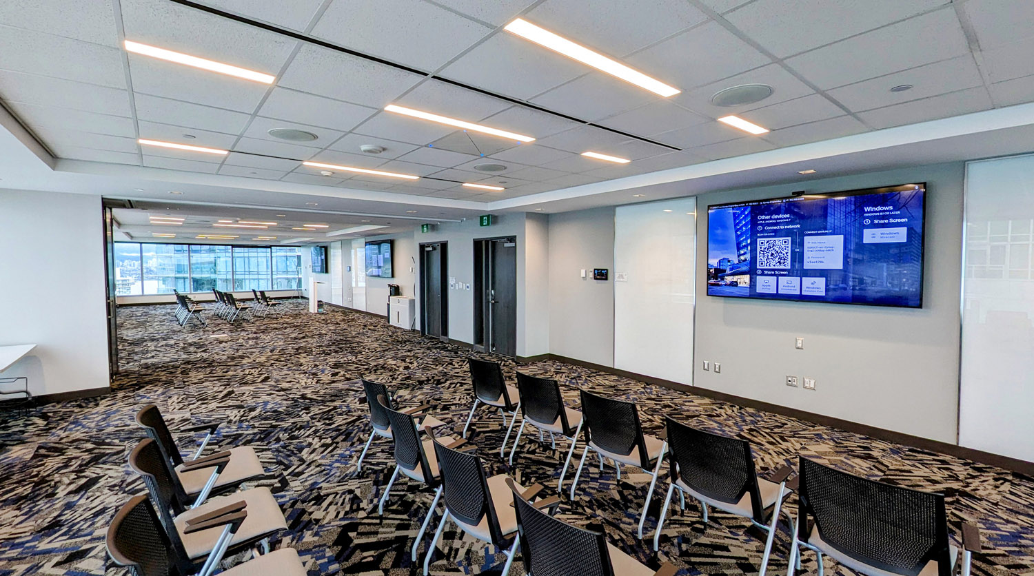 Thumbnail - When combined, the two rooms seat up to 80 people. TLP 1025M Touchlink Pro Touchpanels make it easy for tenants to control the system.
