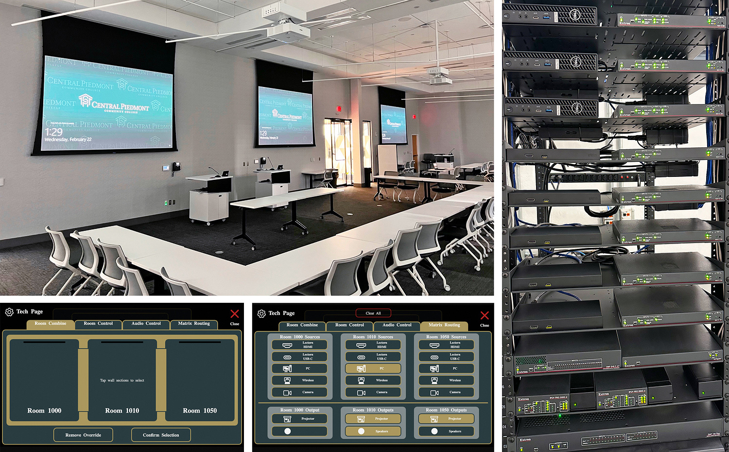 The multipurpose rooms are divisible by motorized partitions to accommodate groups of varying sizes. Intuitive touchpanel GUIs guide users through room control and AV system control operations.