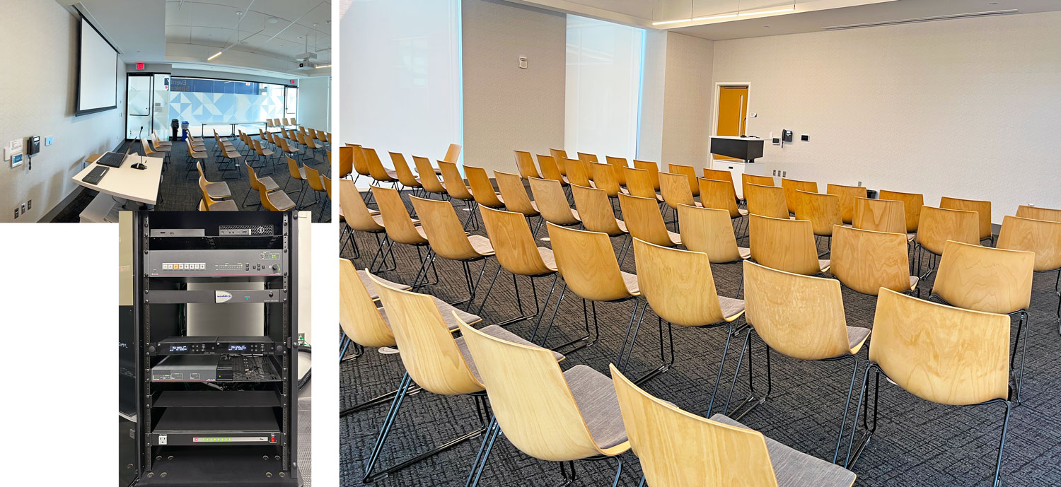 The event space accommodates large gatherings. Moveable furniture is configured for lectures, presentations, and round table discussions. AV content selectable from multiple wired or wireless sources supports the sessions held in this room.