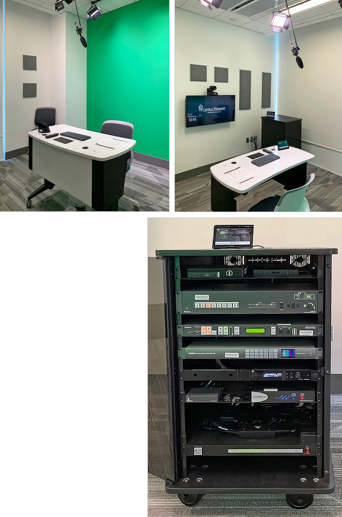 This self-service recording studio with green screen allows students, faculty, and staff to create videos for classes. An SMP 352 streaming media processor and an IN1608 xi switcher with integrated audio amplifier plus AV control processor help users at all skill levels produce professional results.