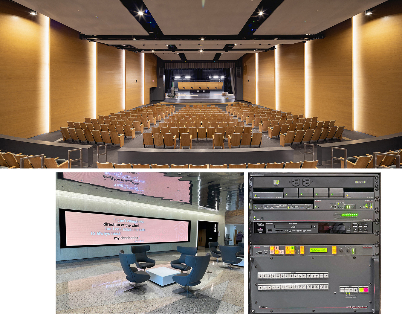 An XTP II CrossPoint 1600 Digital Matrix Switcher connects AV content sources to the main stage projector, to multiple flat panel displays in the lobby, and to the lobby's 6x31 foot LED videowall marquee. An MGP 641 Multi-Window Processor populates the videowall with up to four source windows on a single canvas, with a live or static background.