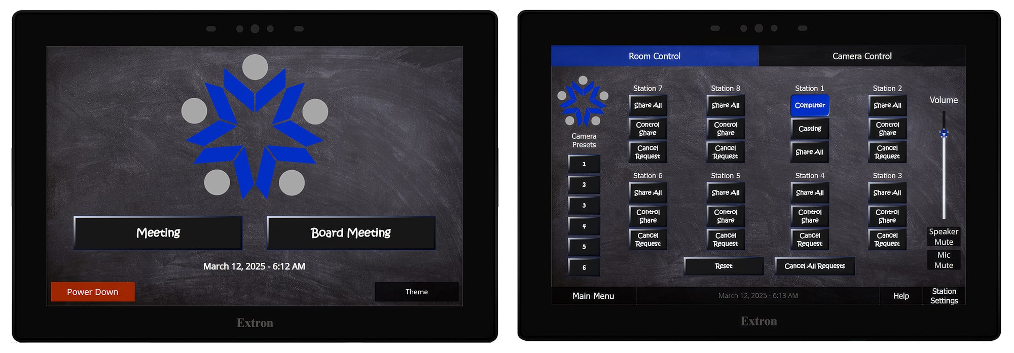 Lors de la mise sous tension du système, l'écran tactile de la station principale (station 1) présente deux options de configuration du système audiovisuel : réunion du conseil d'administration ou assemblée générale. L'écran tactile de contrôle administratif de la station principale configure tous les aspects du fonctionnement du système audiovisuel, dont le contrôle de la caméra PTZ, l'audio, et les modes de fonctionnement des huit stations.
