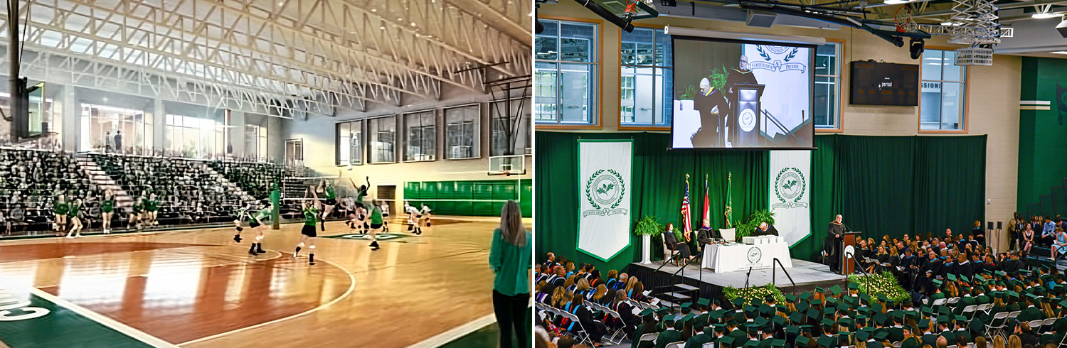 The state-of-the-art performance gym (left) hosts volleyball, basketball, and wrestling events and seats over 1,000 spectators. With surrounding reception and concession areas, the facility is easily converted to a presentation venue for hosting large events, such as the graduation ceremony (right).