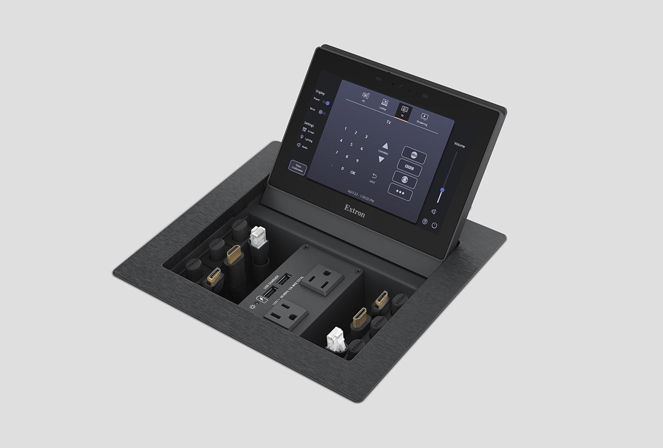 The TLP Pro 725C Cable Cubby enclosure has a 7” TouchLink Pro touchpanel on the underside of its lid. ClearTech installed modules for AV connectivity and power.