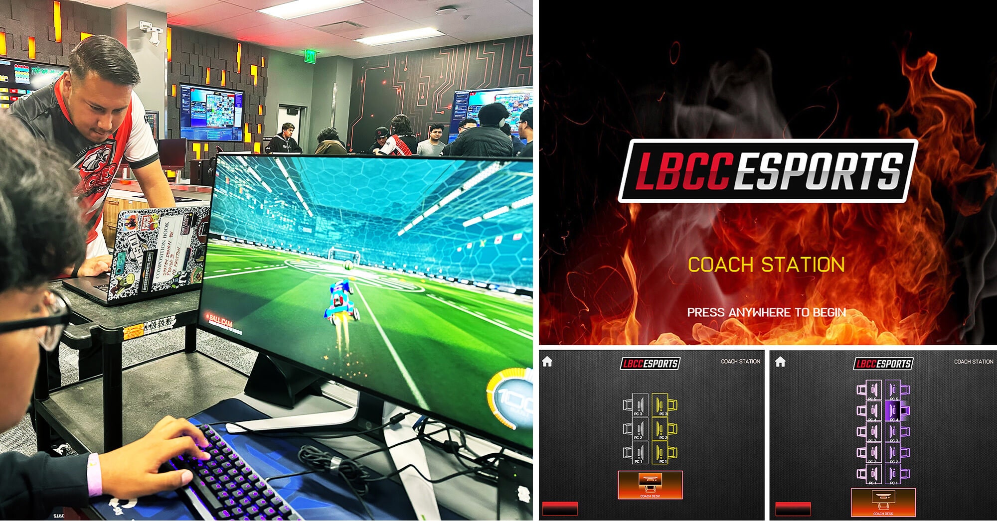 L'entraîneur observe l'action de jeu sur l'une des stations dédiées. Une station d'entraînement est placée au bout de chacune des tables de compétition. L'entraîneur sélectionne sur l'écran tactile du PC le jeu du joueur qu'il souhaite observer. L'interface graphique de l'écran tactile de l'entraîneur affiche les stations de jeu dans des dispositions de tables à 3 contre 3 ou 5 contre 5.