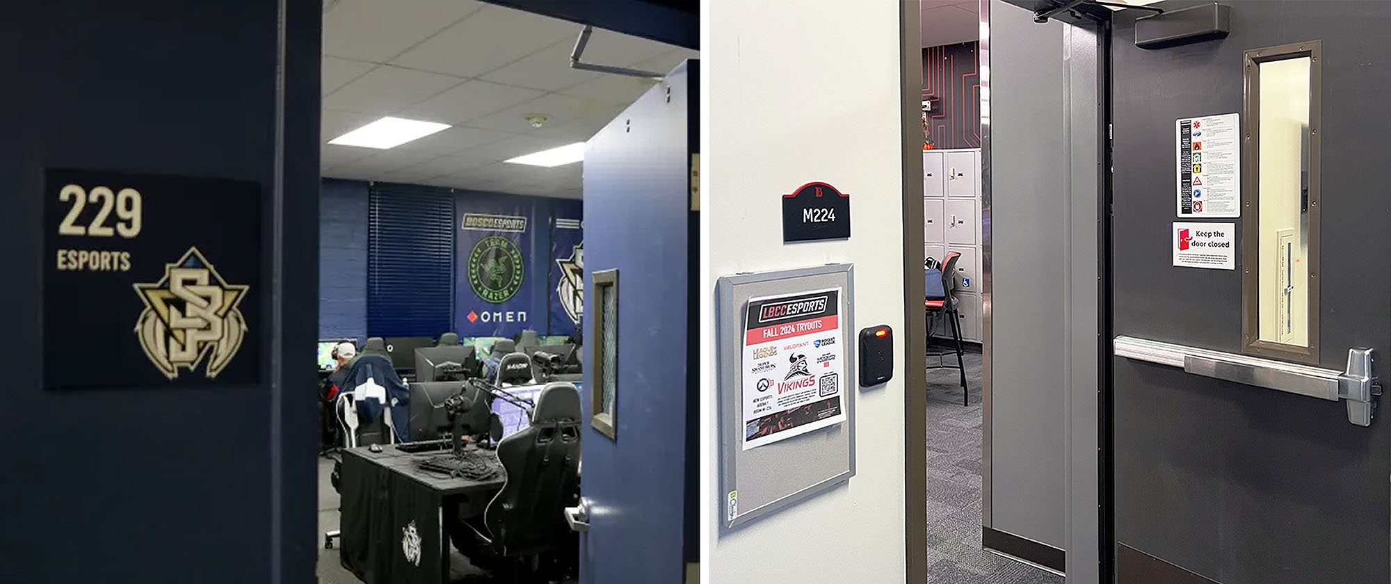 Avant la construction du laboratoire e‑sport sur le campus du LBCC, les joueurs se rendaient au laboratoire de la St. John Bosco High School (à gauche). Maintenant que les installations e‑sport dans le bâtiment M du campus du LBCC (à droite) sont ouvertes, les joueurs peuvent s'affronter sur leur propre terrain. (St. John Bosco High School - Crédit photos : Matthew Walker).