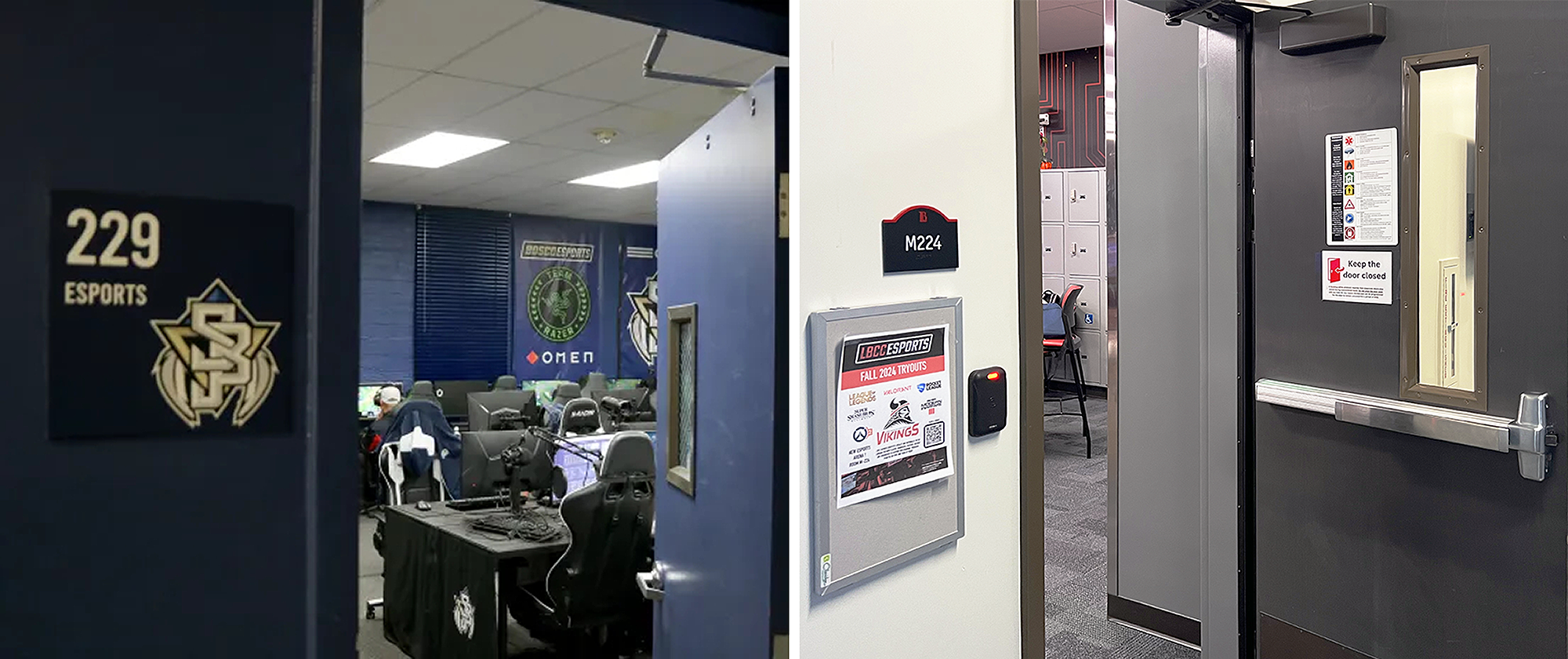 Before the LBCC esports lab existed on the LBCC campus, the players commuted to the esports lab at St. John Bosco High School (left). With the opening of the esports facility in Building M on the LBCC campus (right), esports players can compete on their own home field. (St. John Bosco High School Photo Credit: Matthew Walker).