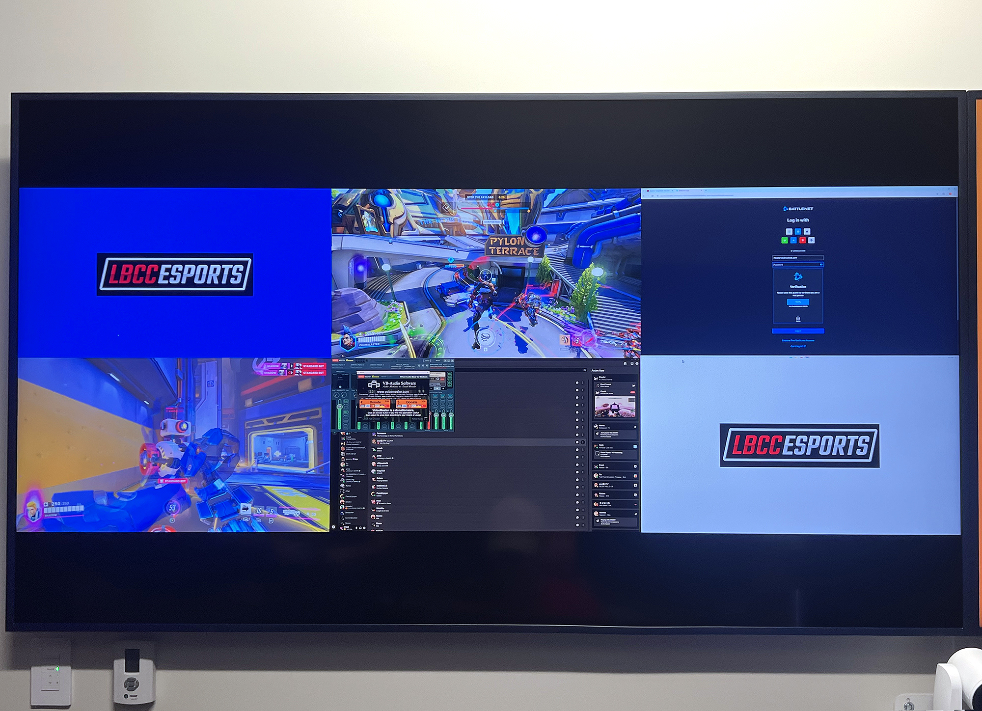 Multiple windows (up to eight) can be shown in a variety of split screen arrangements on any flat panel display in the room and also to viewers following the action over the Internet. This view shows six windows