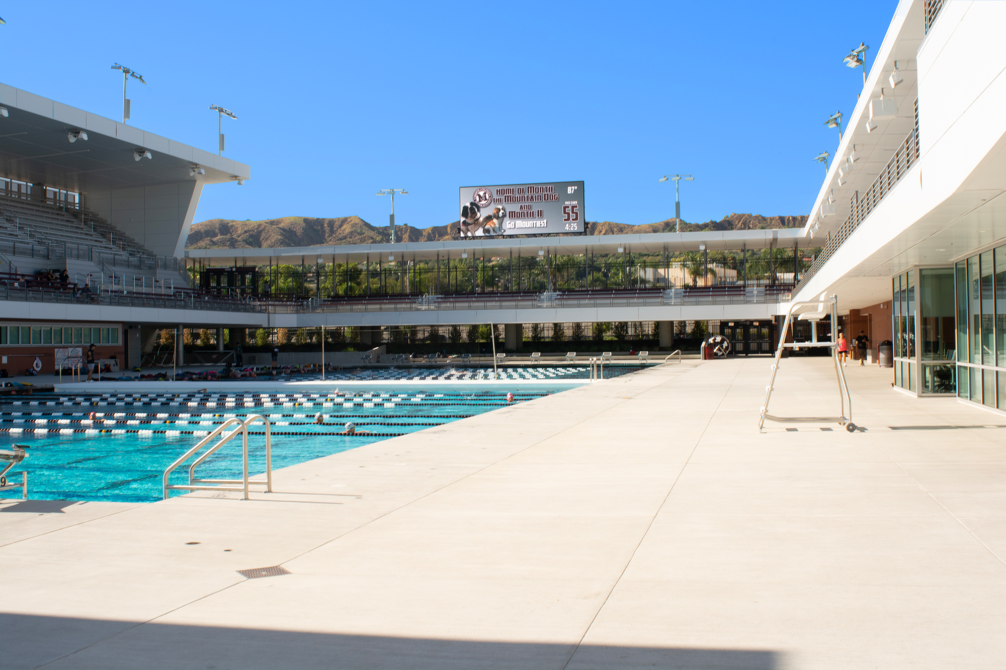 Camera feeds from the competition areas such as at the dive pool can be shared with an audience seated in an overflow space anywhere in the complex.