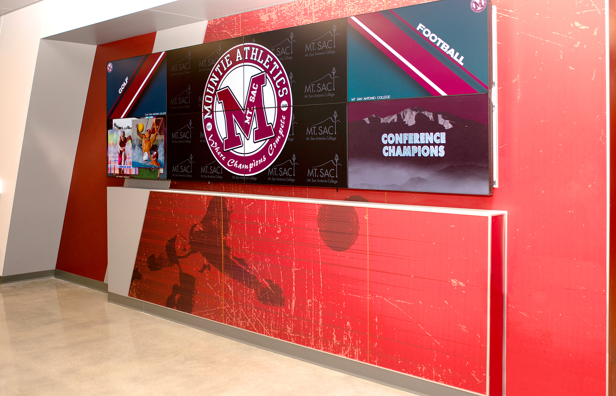 Large displays presenting campus news and colorful panoramic visuals are strategically located throughout the complex.