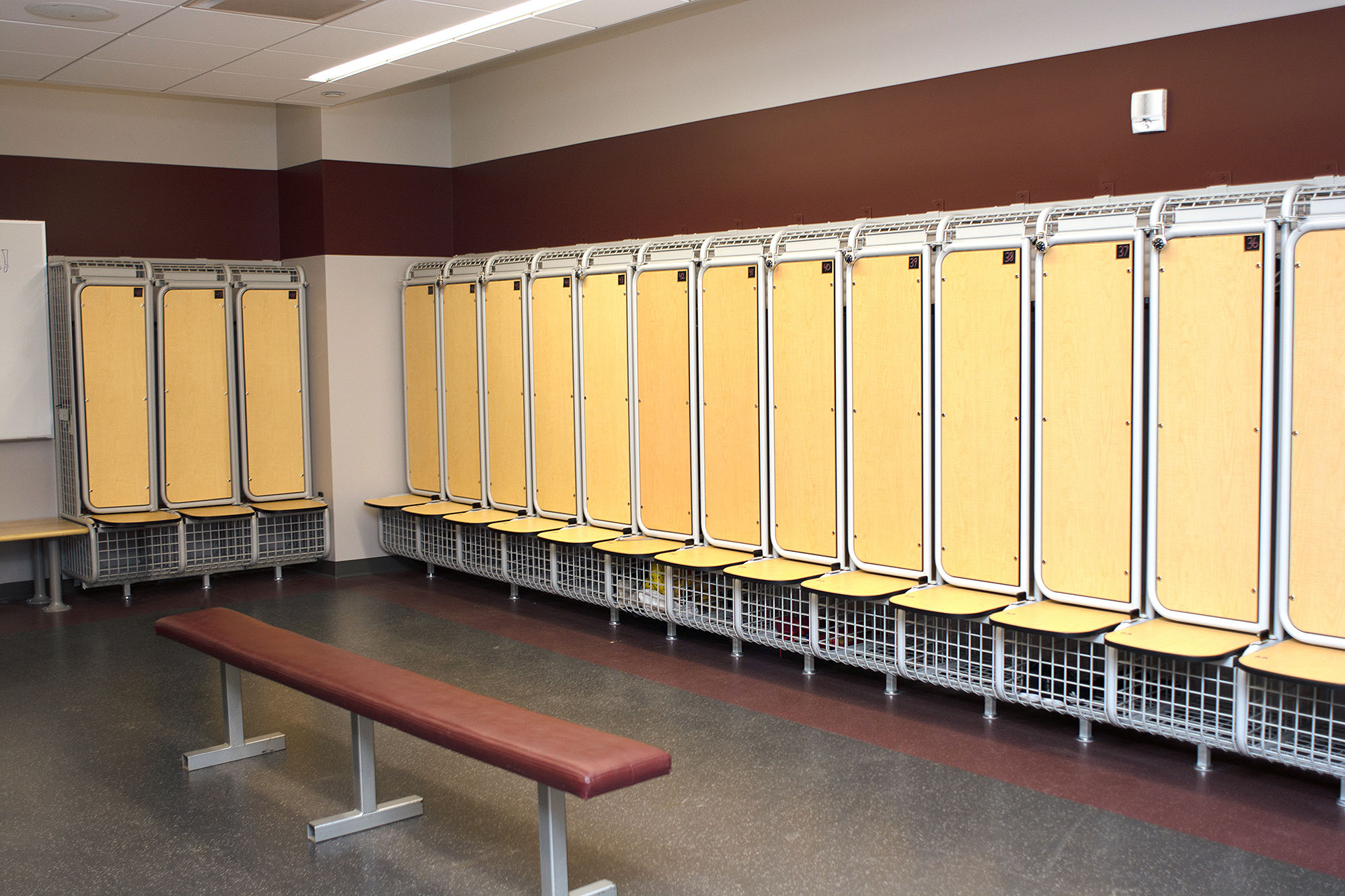 Des écrans dans les vestiaires, comme celui du volley‑ball masculin présenté ici, permettent aux étudiants et au personnel de l'université de se tenir au courant des activités du campus.