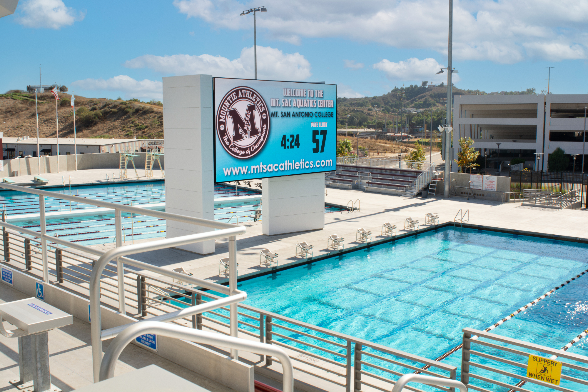 The aquatics outdoor area has similar AV features to the gyms, with the NAV system supporting the scoreboards and distributing content to the various displays.