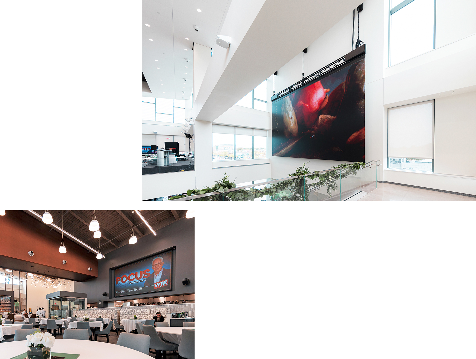 Video screens are prominent in public spaces: in the Seasoned Oak Restaurant and in the atrium stairway leading to the second and third floor Flex Zones.