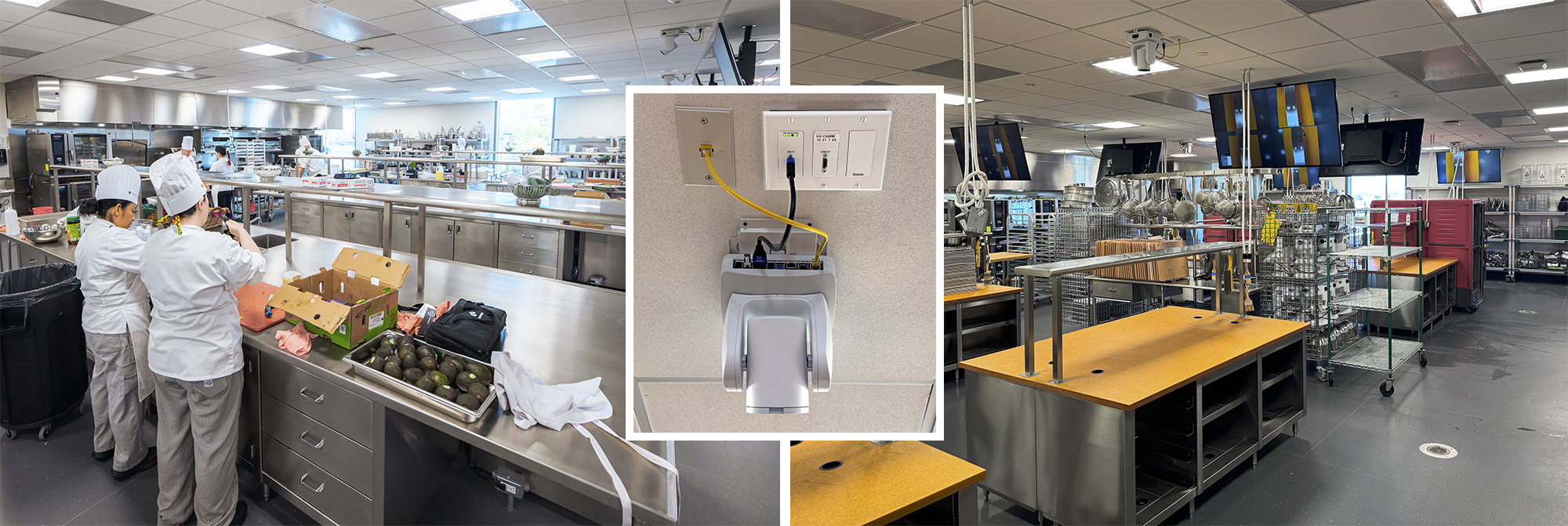 AV equipped teaching kitchens. Ceiling PTZ cameras capture video of instructor demonstrations, which is shown on the flat panel displays around the room so that students at their workstations can follow along to emulate the instructor’s techniques. NAV E 201 D wallplate encoders connect the PTZ cameras to the AV over IP network.