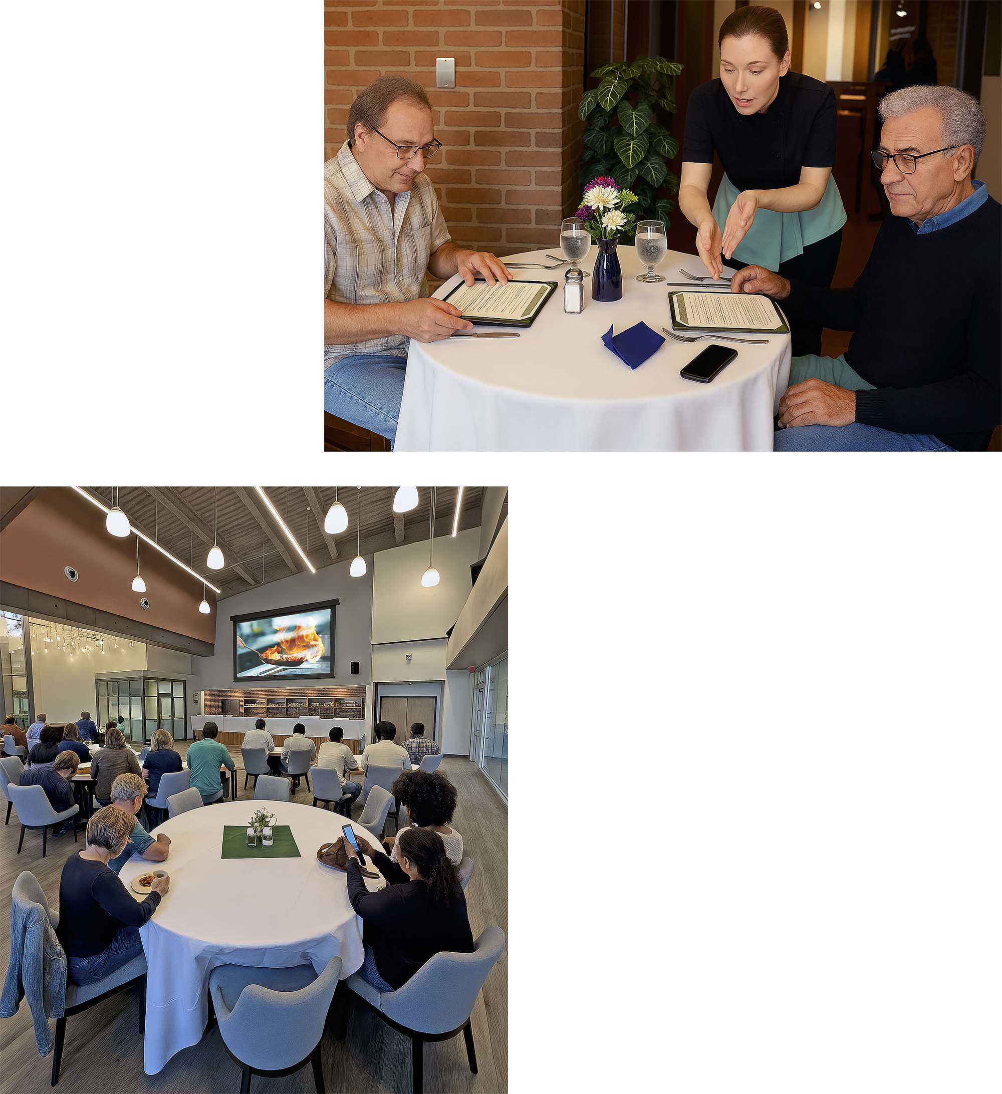 The Seasoned Oak restaurant offers a fine dining experience to guests, while providing the student waitstaff and kitchen staff with on-the-job experience. AV amenities include a large projection screen at the front of the room.