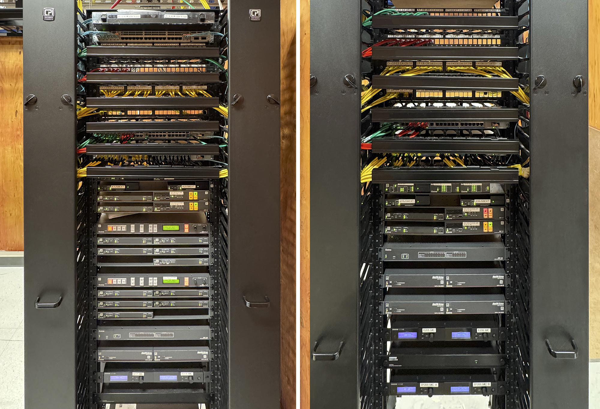 AV racks are located in telecommunications rooms on each floor of the building.