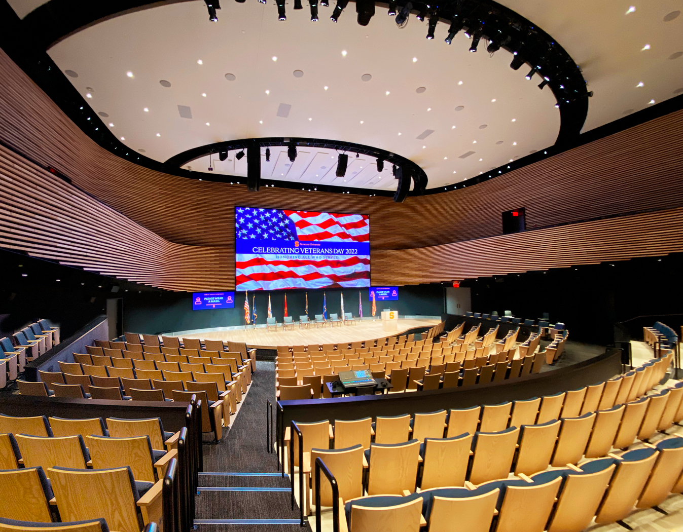 Thumbnail - The K. G. Tan Auditorium at the Syracuse University National Veterans Resource Center is designed to be a hub for Central New York. It hosts lectures, community activities, and national convening events and conferences.