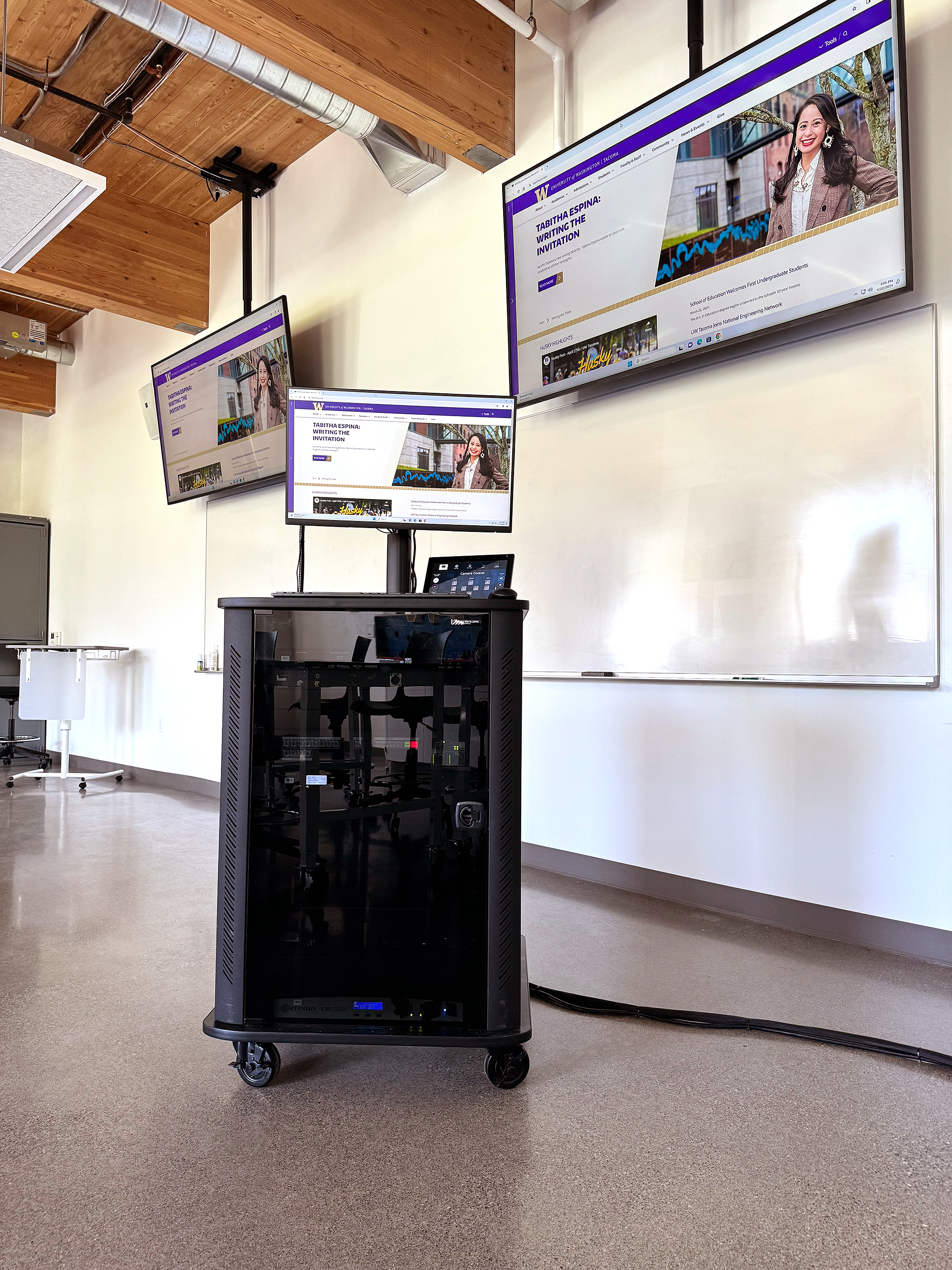 Mobile AV equipment carts in labs on all three floors of Milgard Hall.