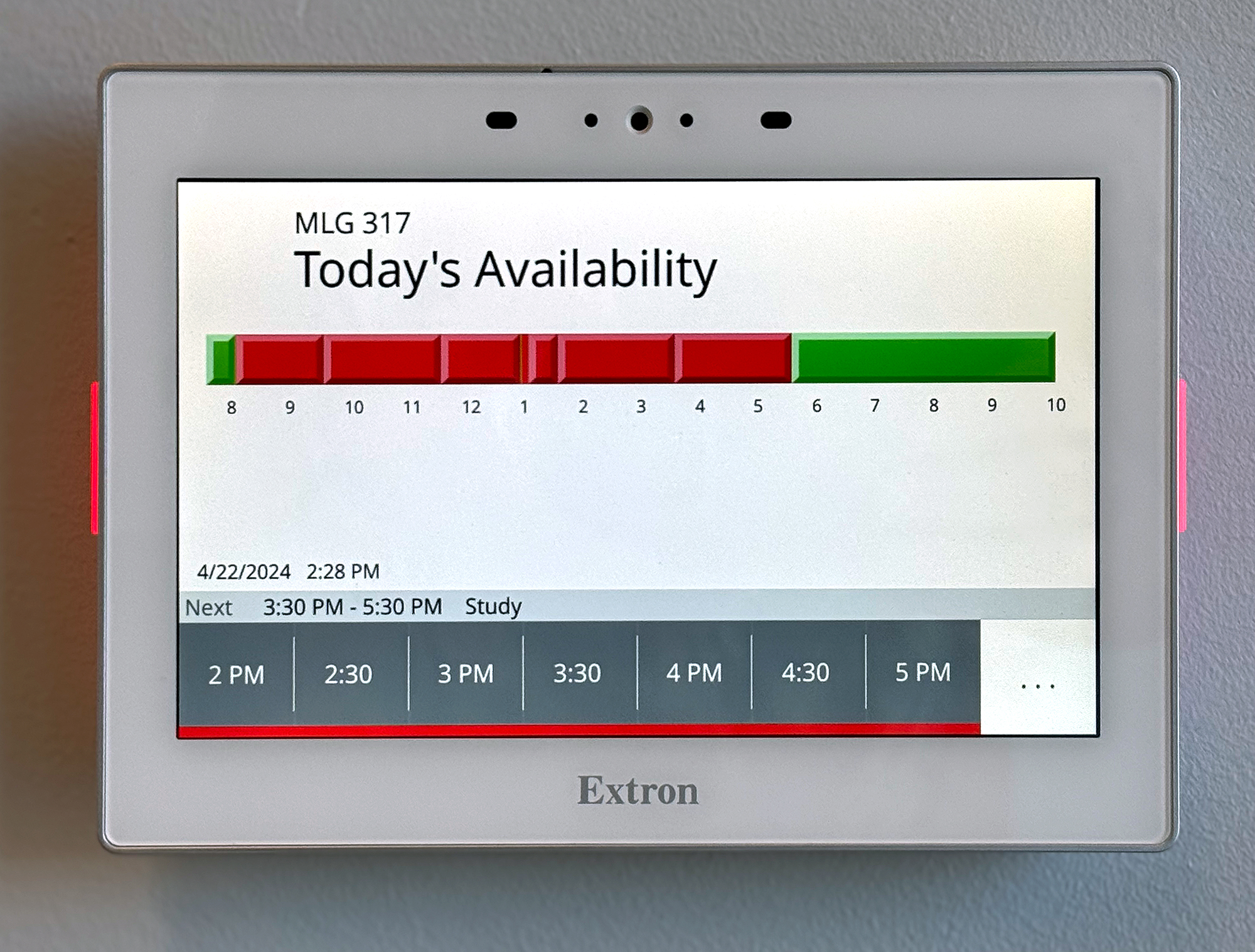 The breakout rooms have scheduling panels at the entrances. Users see room availability via red and green backlighting. They can book rooms right from the panel, in addition to booking through the university's 25Live online reservation system.