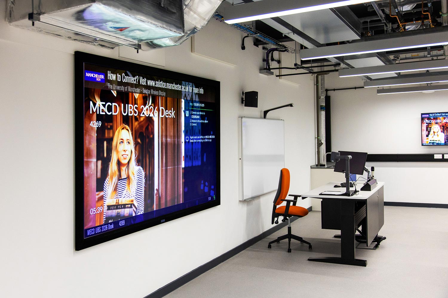Thumbnail - The small Meet & Teach rooms provide at least one display and an AV system based on an Extron SW HD 4K PLUS 4K/60 HDMI switcher. Intuitive AV system control is provided by an Extron TouchLink Pro touchpanel or Network Button Panel.