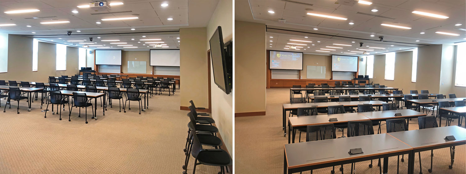 Divisible classroom viewed from both sides of the room with the divider opened. Each side has an AV-equipped lectern, two laser projectors, and a 70” flat panel display.