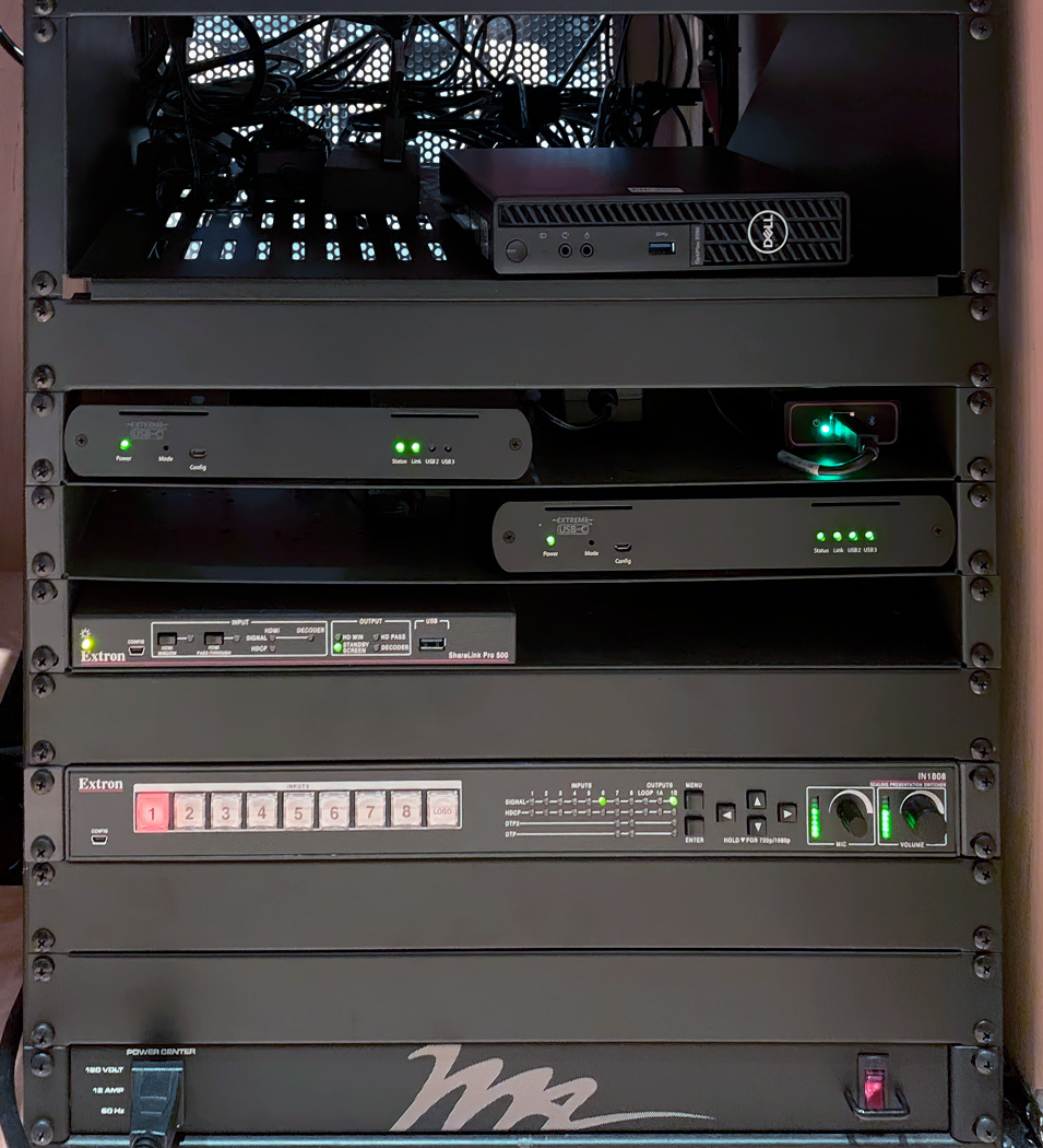 Lectern AV rack with ShareLink Pro 500 presentation gateway and IN1808 scaling presentation switcher.