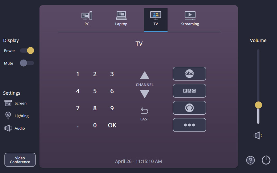 TV-Seite mit dunkelviolettem Hintergrund für die TLP Pro 1025-Serie