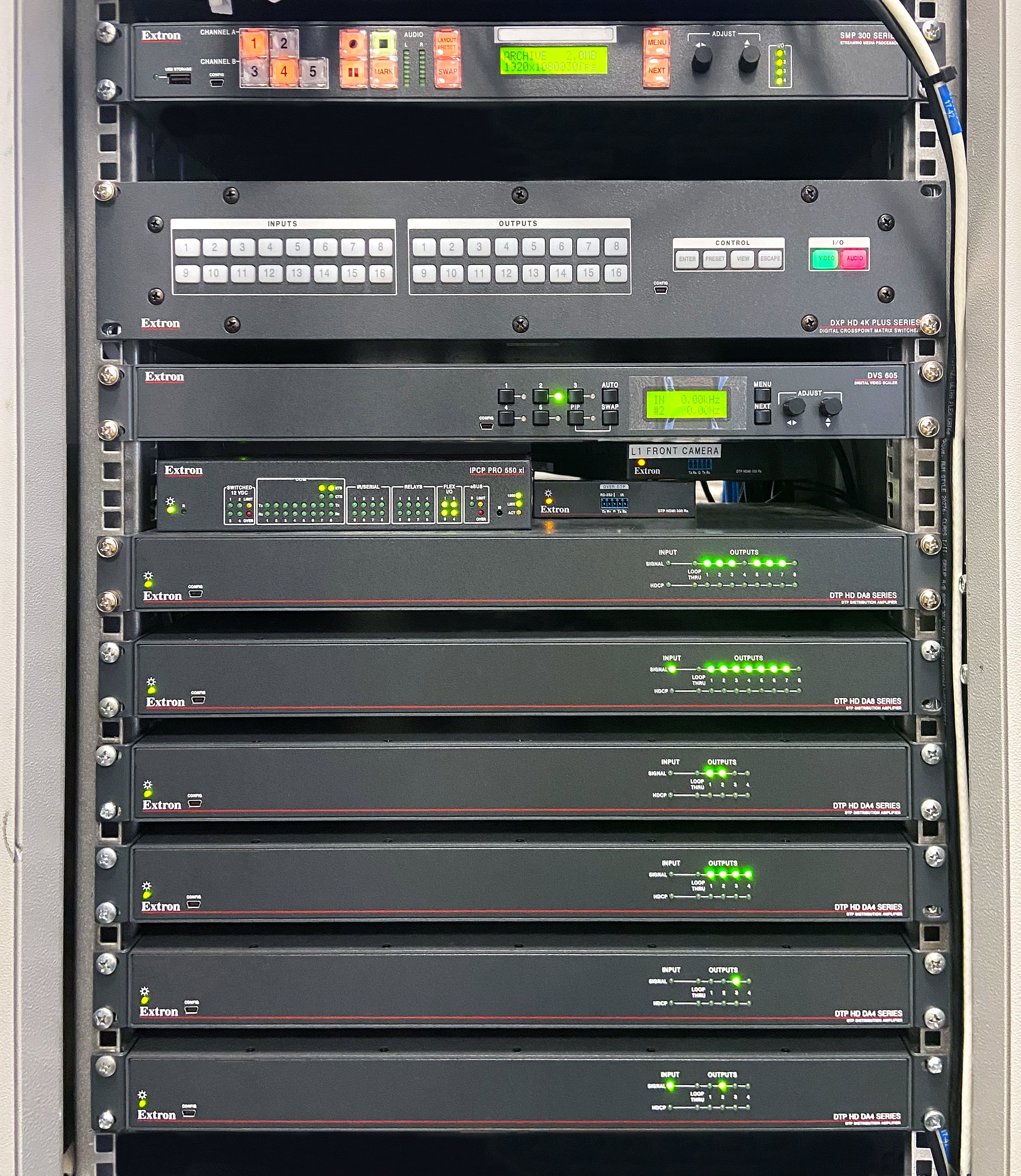 Rack dans la salle de contrôle comprenant un processeur de streaming multimédia de la gamme SMP 300, des récepteurs DTP HDMI 4K, une grille de commutation de la gamme DXP HD 4K PLUS, un scaler vidéo DVS 605, un processeur de contrôle IPCP Pro 550 xi, et plusieurs distributeurs amplificateurs DTP DA