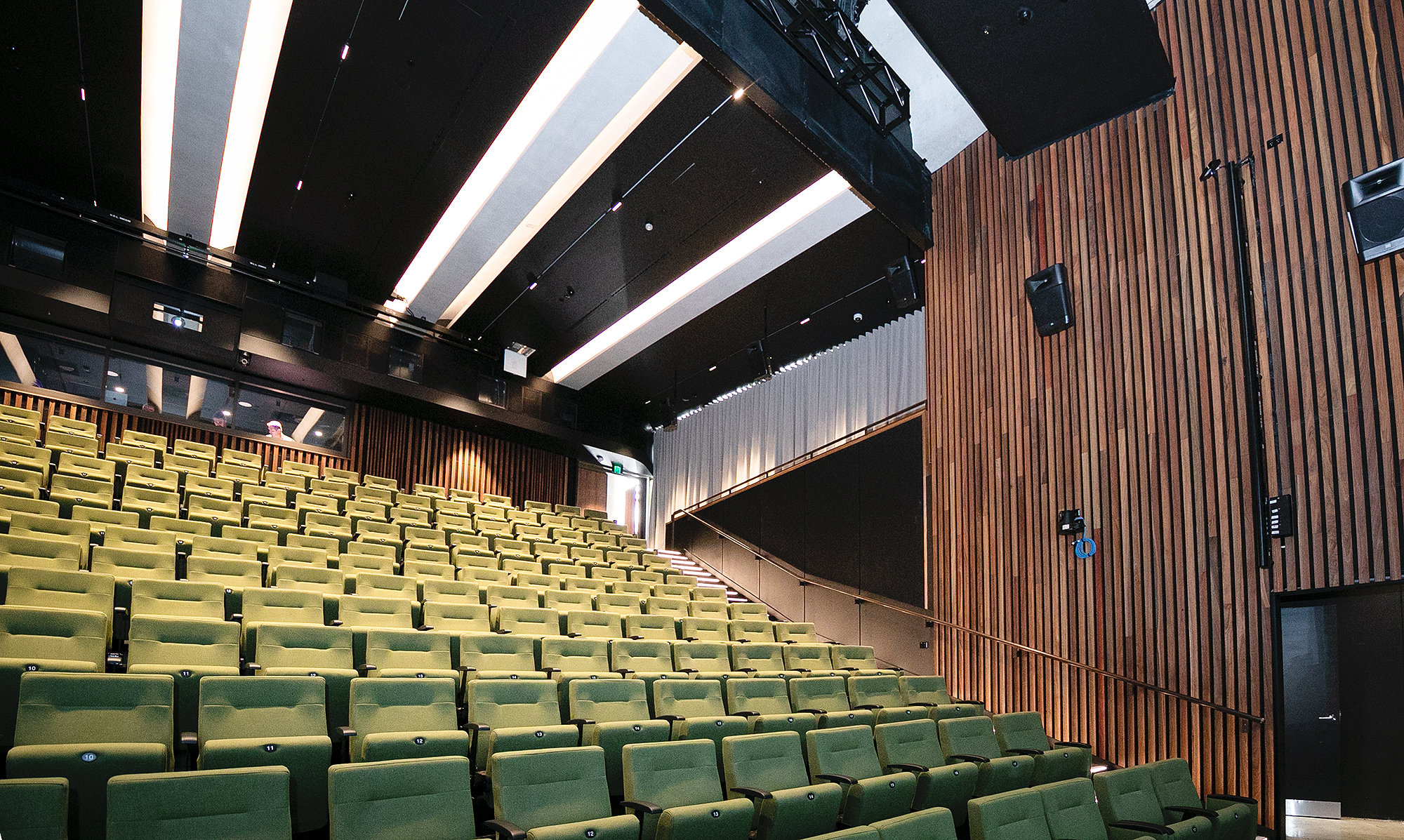 The theatre seats 251 with dedicated accessible and flexible use seating.  Tiered-seating allows the theatre to host film screenings, seminars, conferences, and awards presentations.