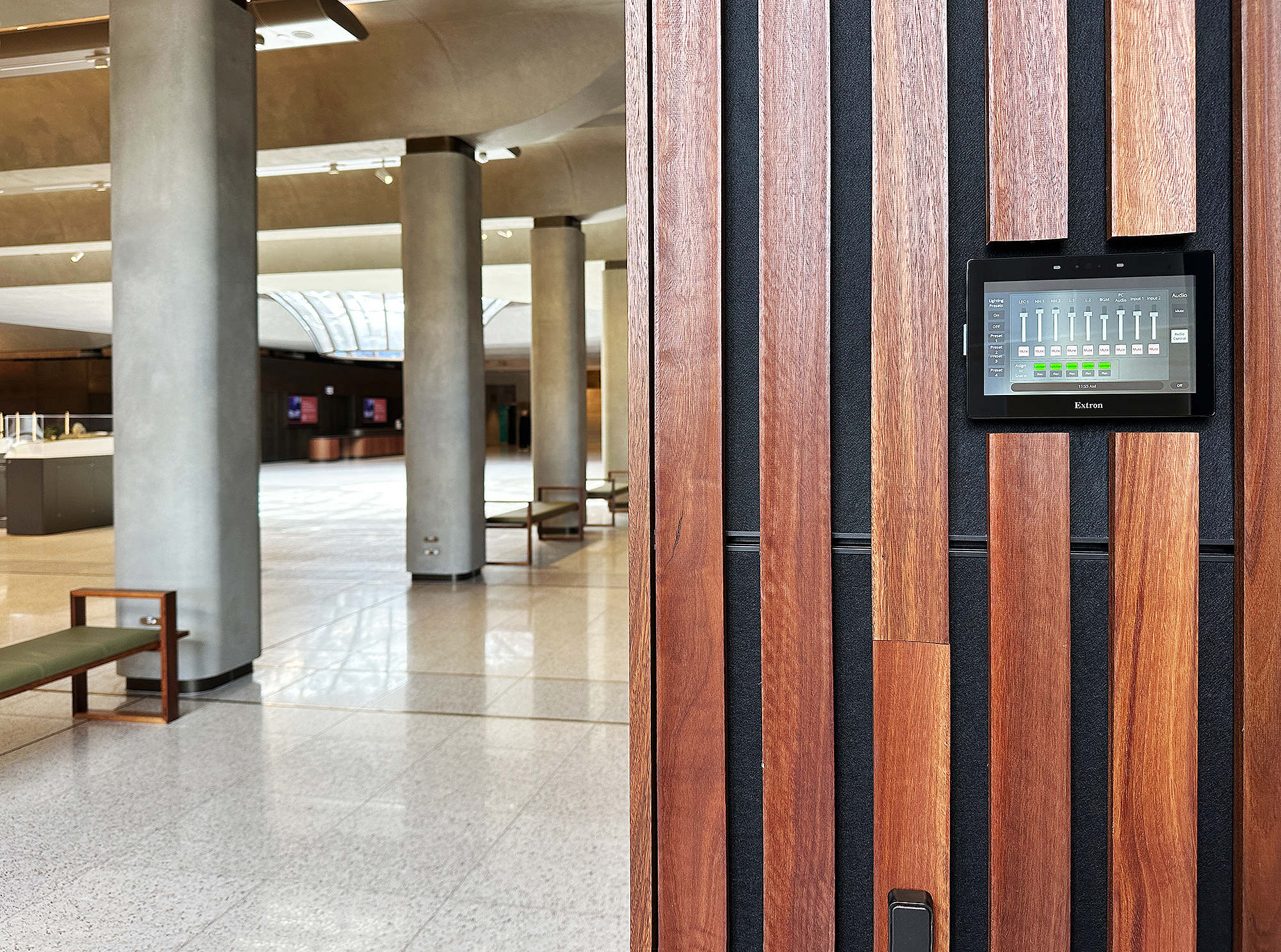 Fixed Extron TouchLink Pro touchpanels are installed throughout the theatre, function room, and Flexible Display area.