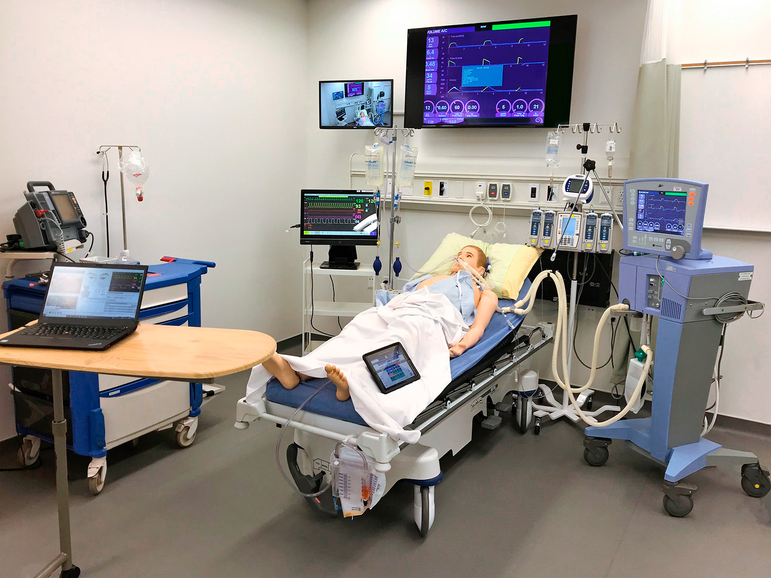 Certain areas are set up for teaching specific medical procedures, such as this ventilator bed station.