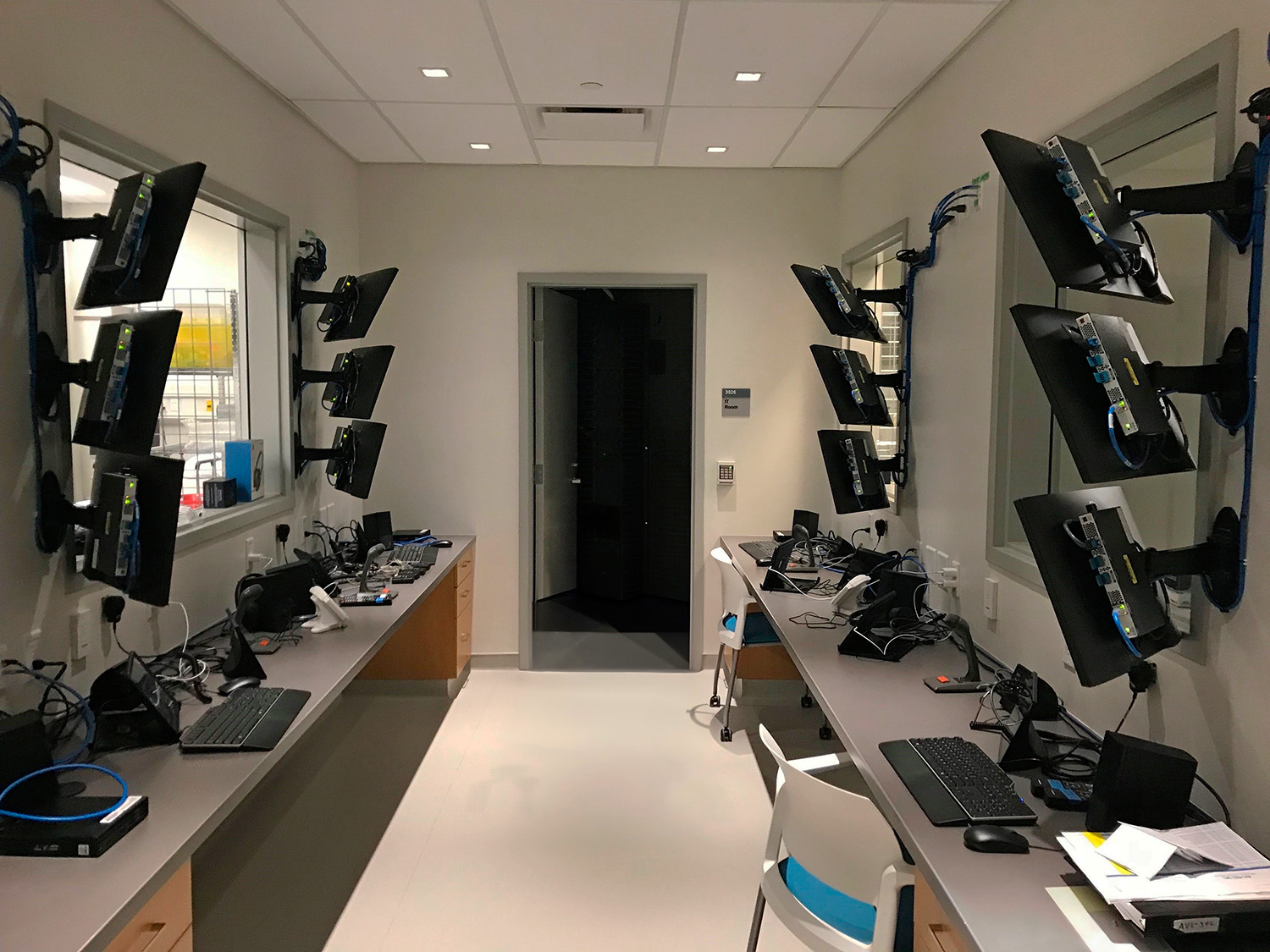 Some control rooms for the medium fidelity labs provide monitors rather than an observation window. The system operator and the lab confederate for that simulation communicate using headsets.