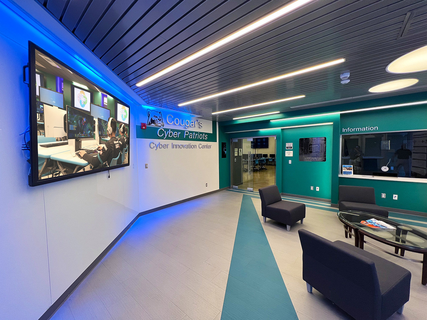 Lobby flat panel display provides public messaging and can also give visitors a view into class sessions or esports action taking place within the Cyber Innovation Center.