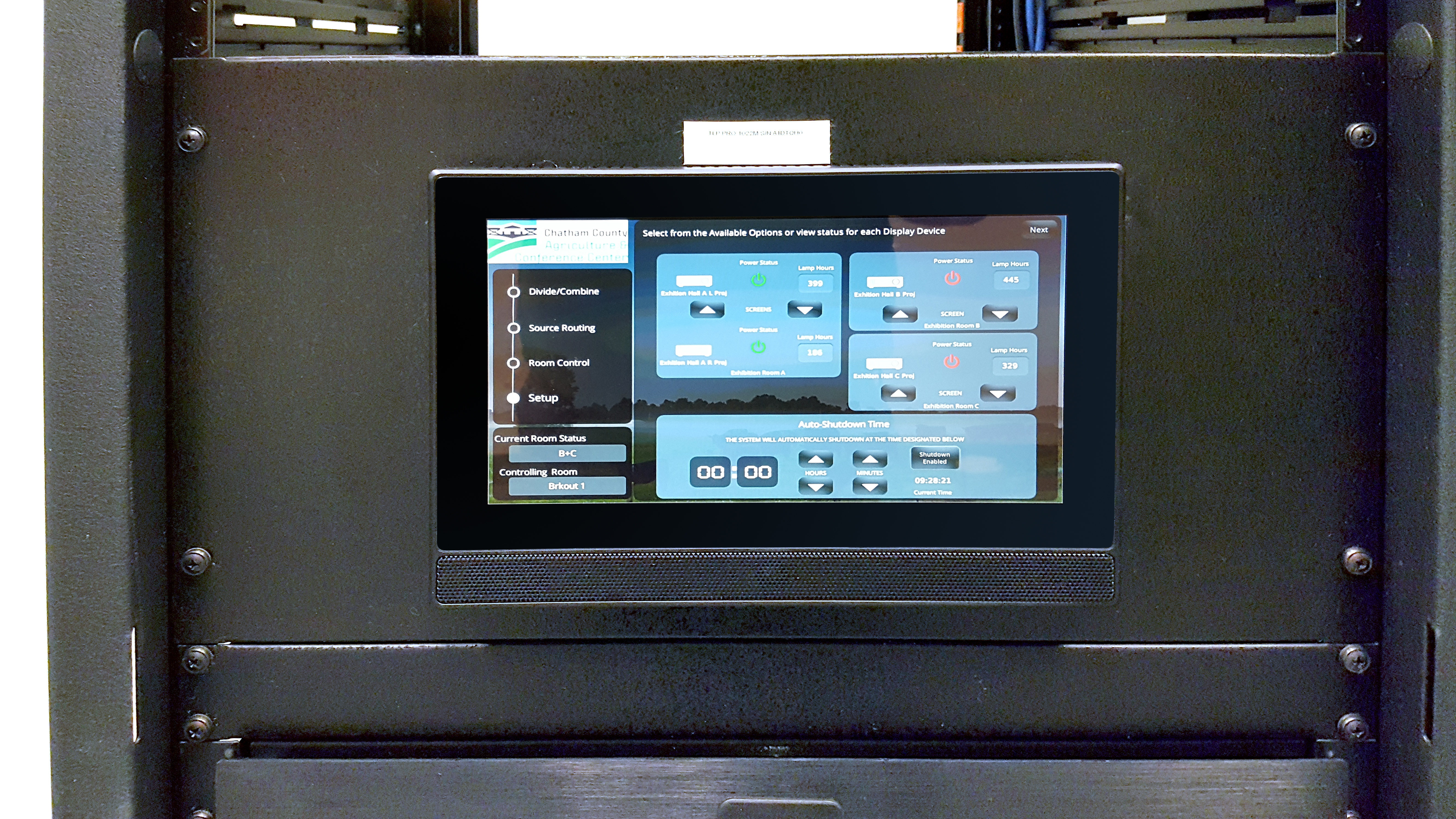 This Extron TLP Pro 1022M 10" Wall Mount TouchLink Pro Touchpanel displays the custom interface designed to control I/O source devices available on CCACC's XTP system.