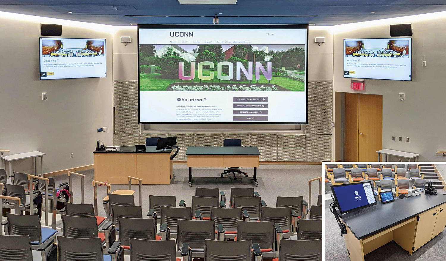 Gant Science Complex lecture hall has a ceiling projector and two flat panel displays. Inset shows the teaching station.