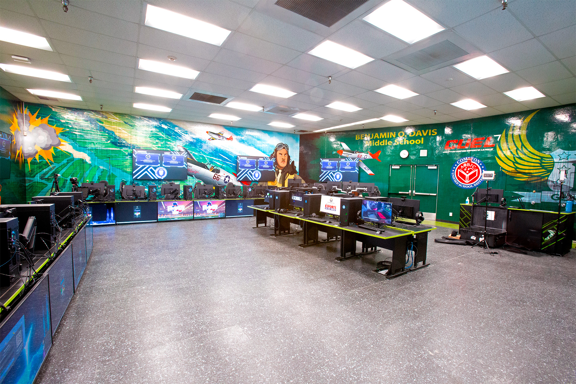 Each CUSD esports lab, such as this one at Davis Middle School, is a visionary tool for linking what students learn in current CTE pathways like computer science, animation, and business management to how vital the same skills are in the gaming industry.