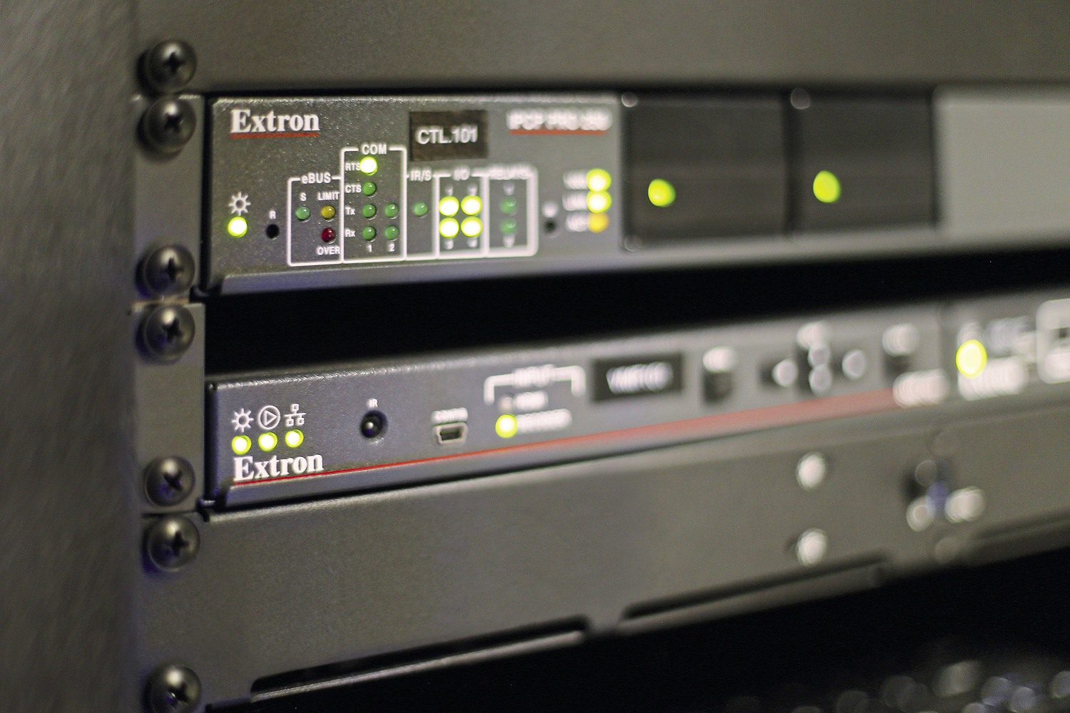 Control of the independent AV system is processed by a single unit, the Extron IPCP Pro 250.