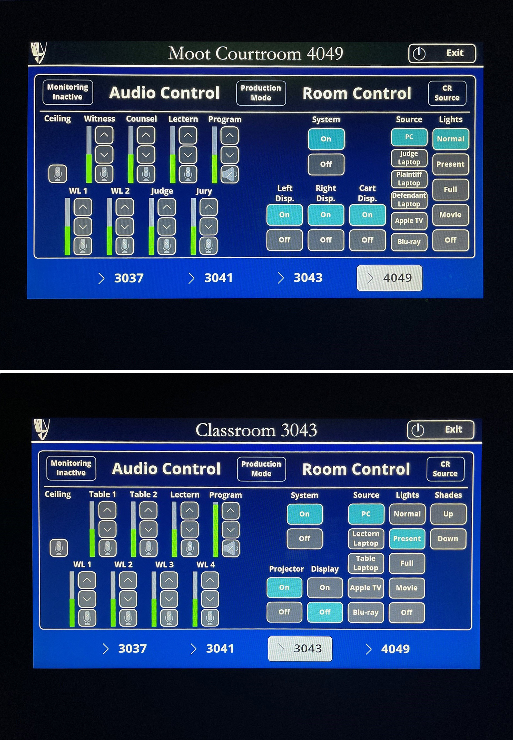 Touchpanels in all rooms feature intuitive buttons for setting all AV system functions and room lighting. (WL=Wireless, CR=Control Room).