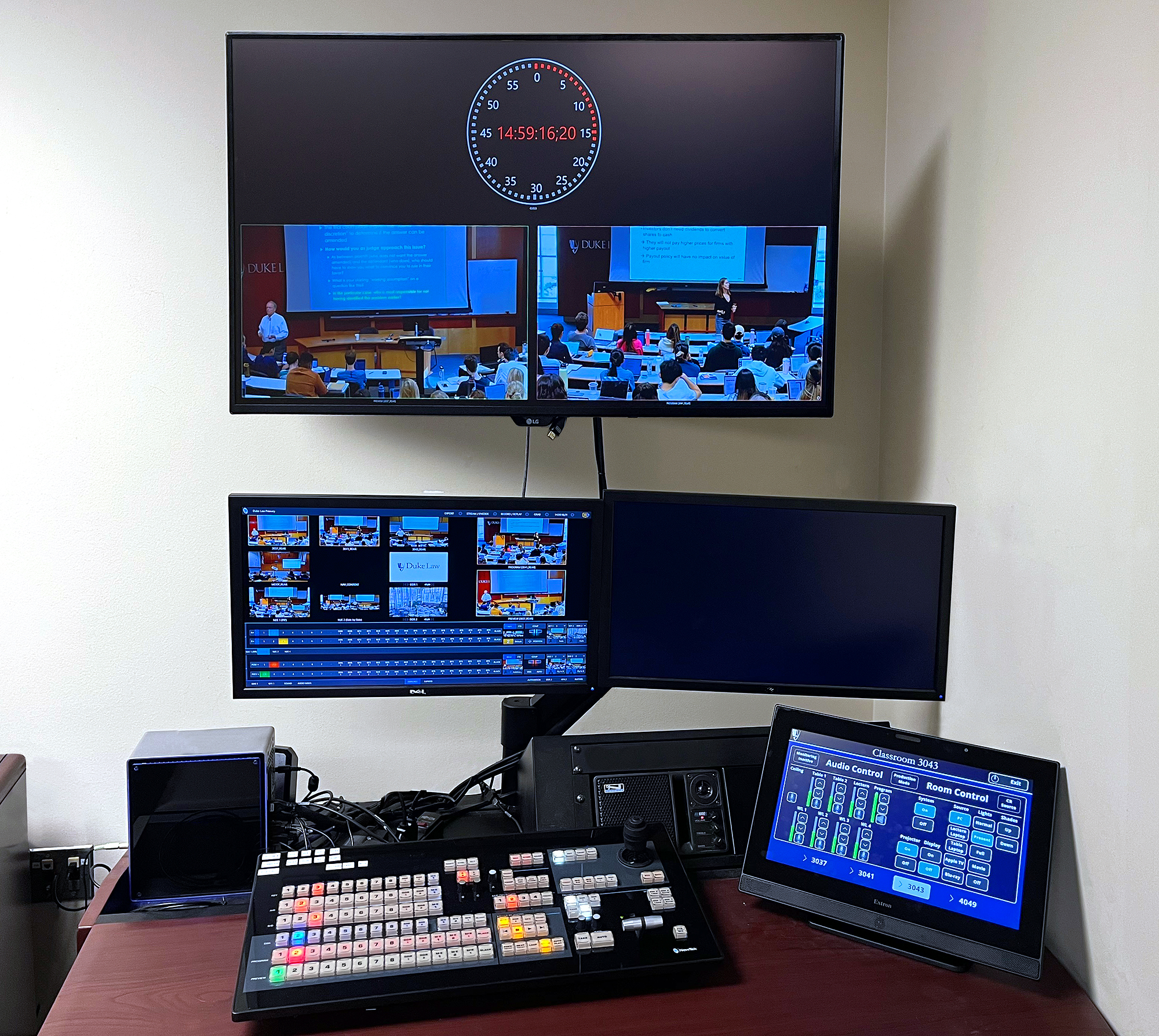 In the control room, a Tricaster control panel and TLP Pro touchpanel put creative options at the fingertips of event producers.