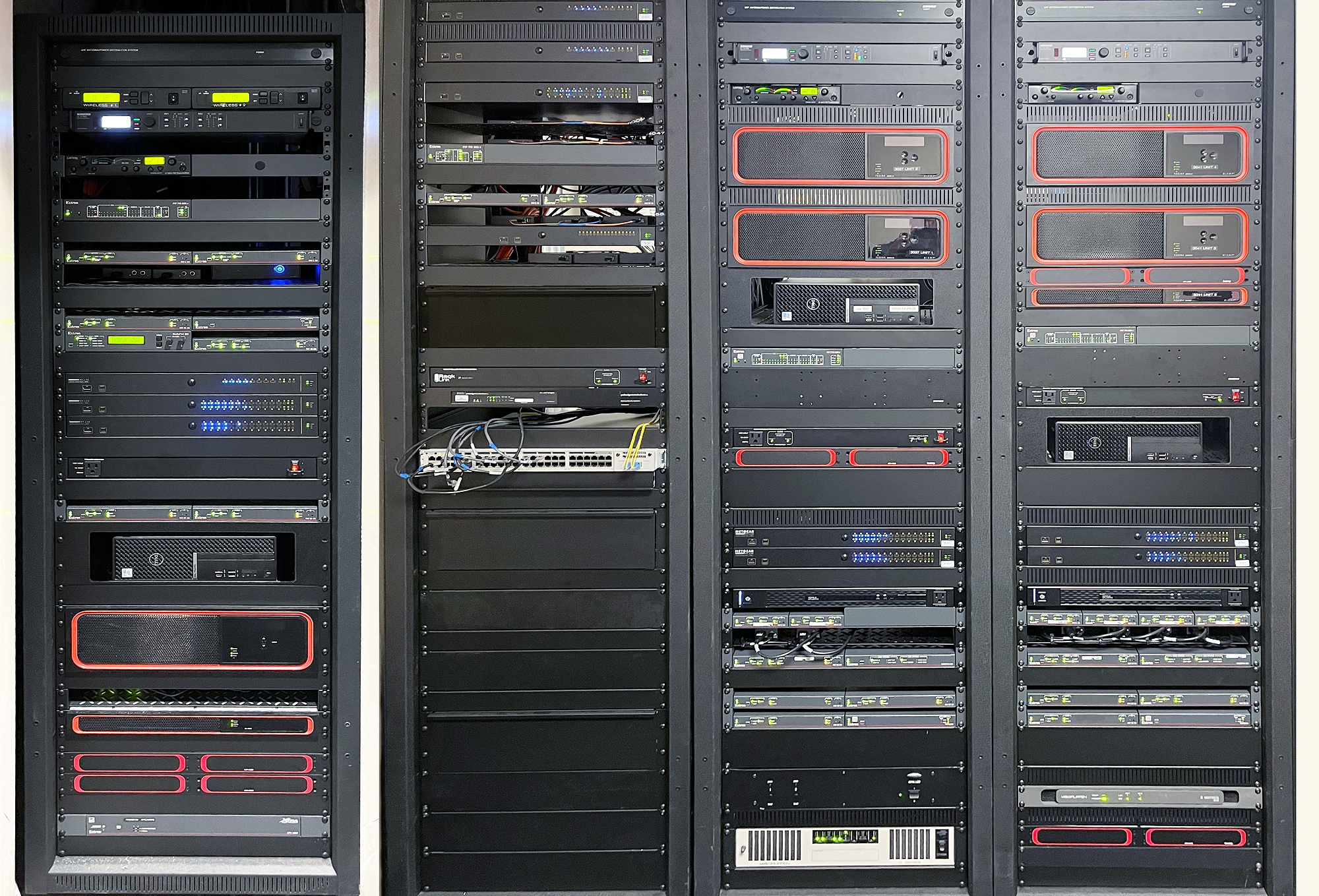 Some of the AV system racks that service lecture halls 3037, 3041, and 3043.