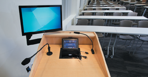 The lectern houses a TLP Pro 720C TouchLink Touchpanel, which also provides easy access to AV, data, and power connections.