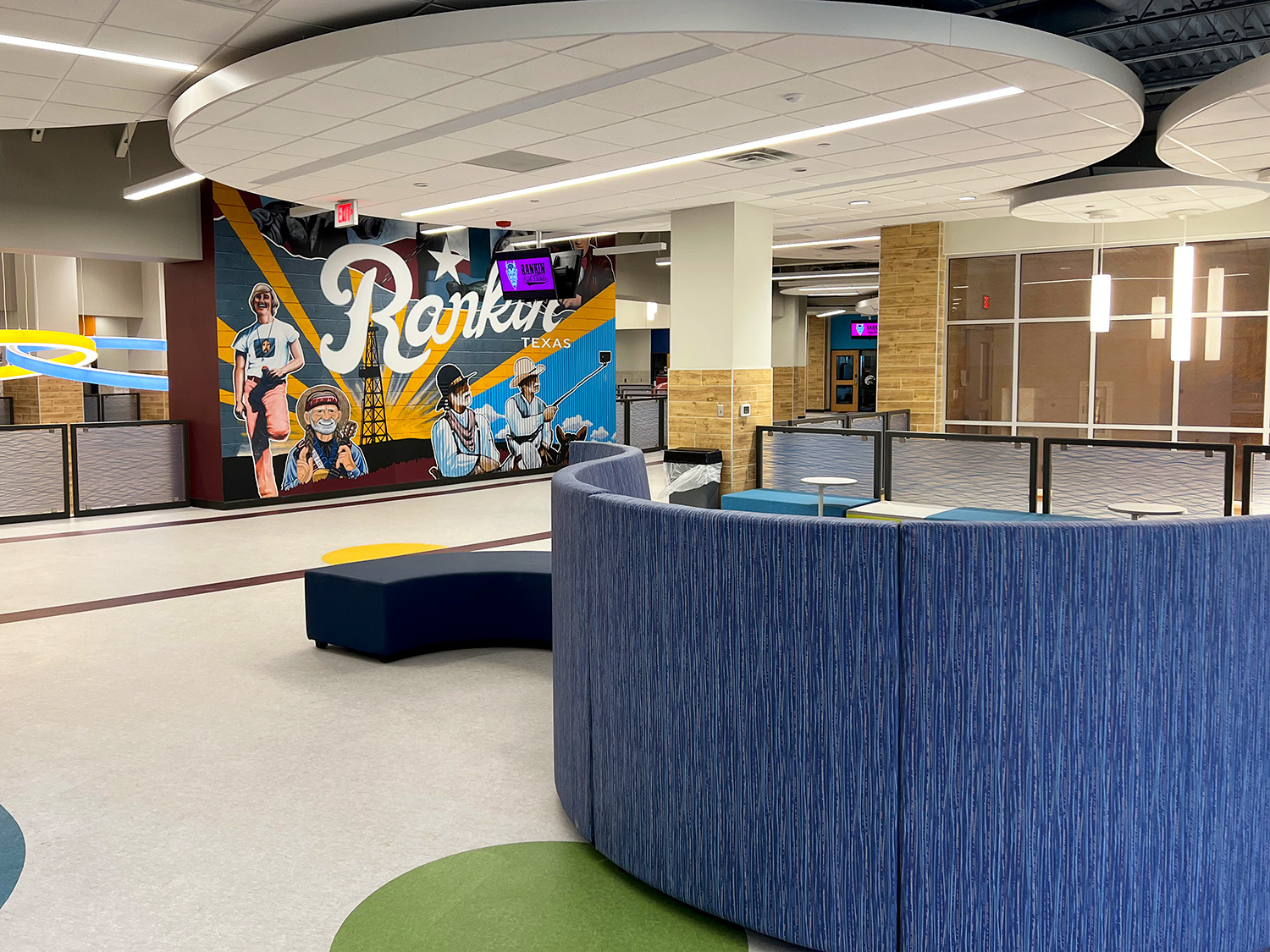 Second level student activity area. Hallway digital signage displays are visible in the foreground and background.<br>All photos courtesy of Rankin Independent School District and Elite Solutions, Inc.