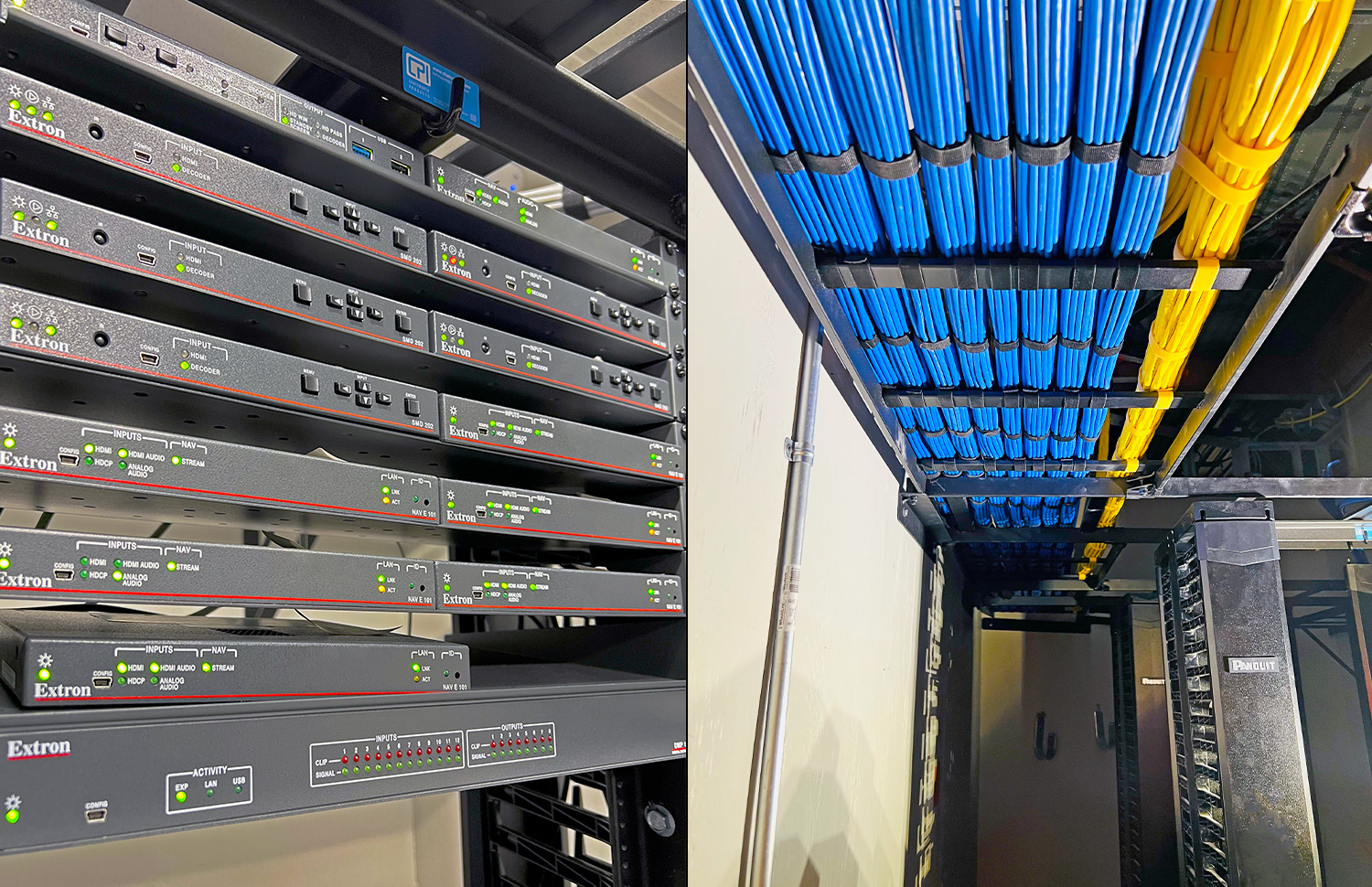 The core of the AV system is contained in racks located in the central Telecommunications Room. AV content is distributed over CAT 6A Ethernet cable to endpoints throughout the building via NAV AV over IP and Dante networks.