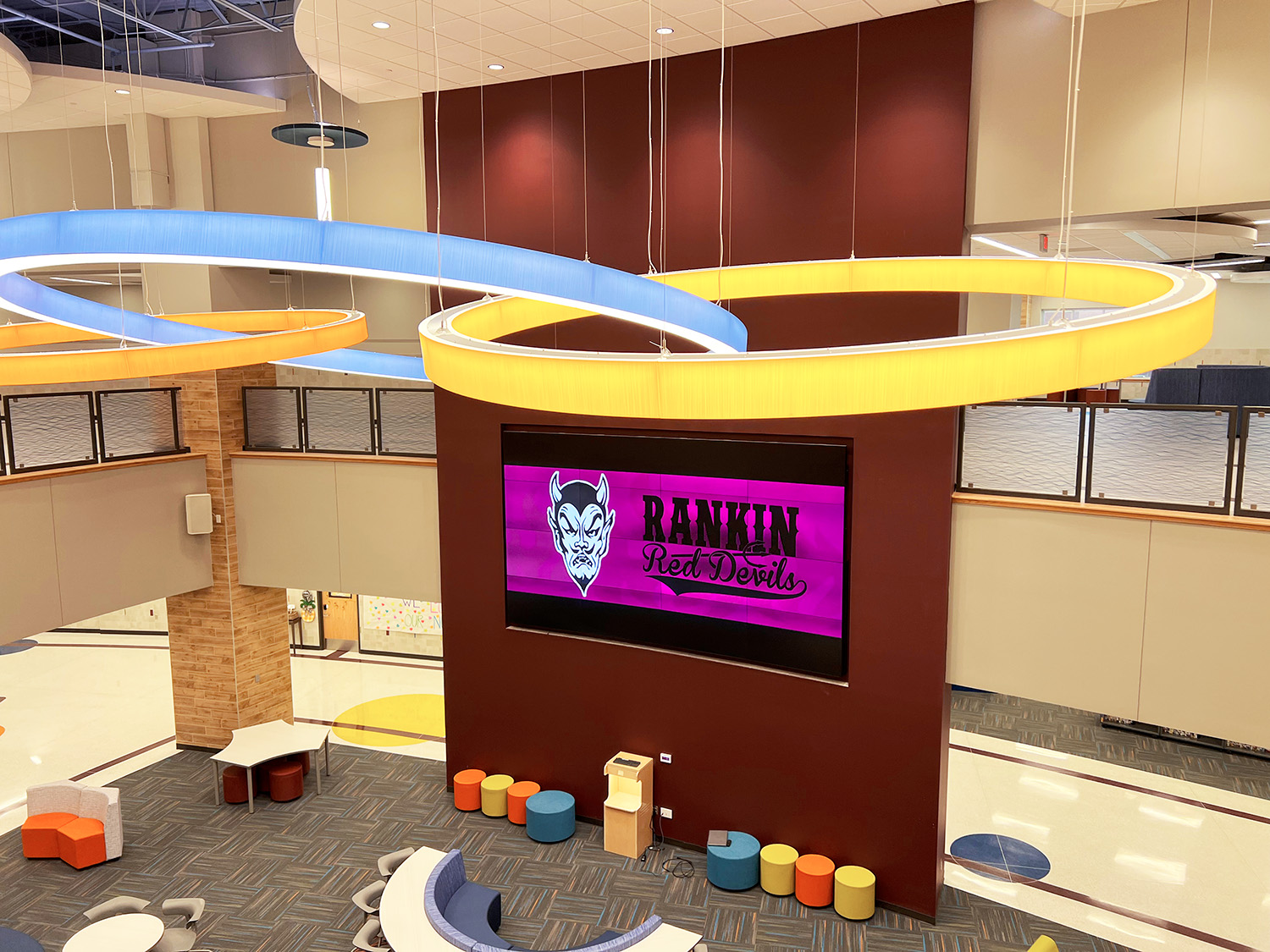 Videowall provides messaging viewable from vantage points throughout the two-story atrium.