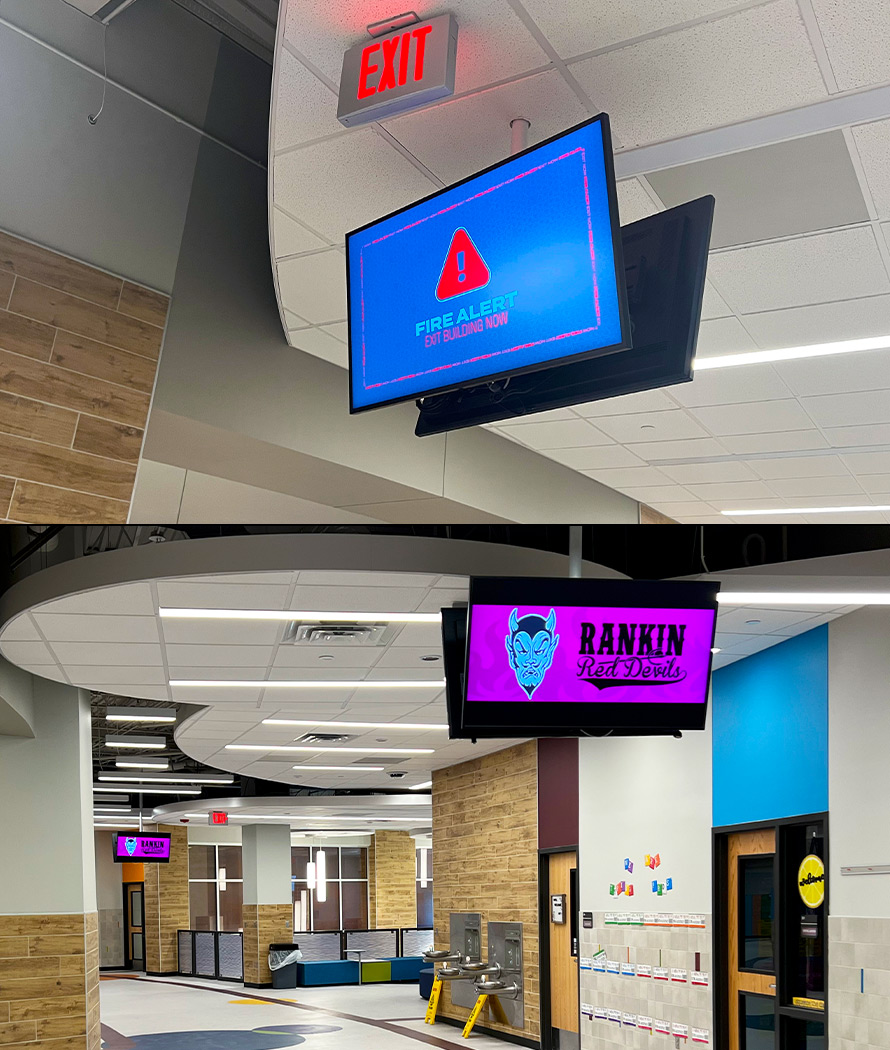 Video signage is strategically located in public areas and corridors throughout the building for display of informational and emergency messaging.