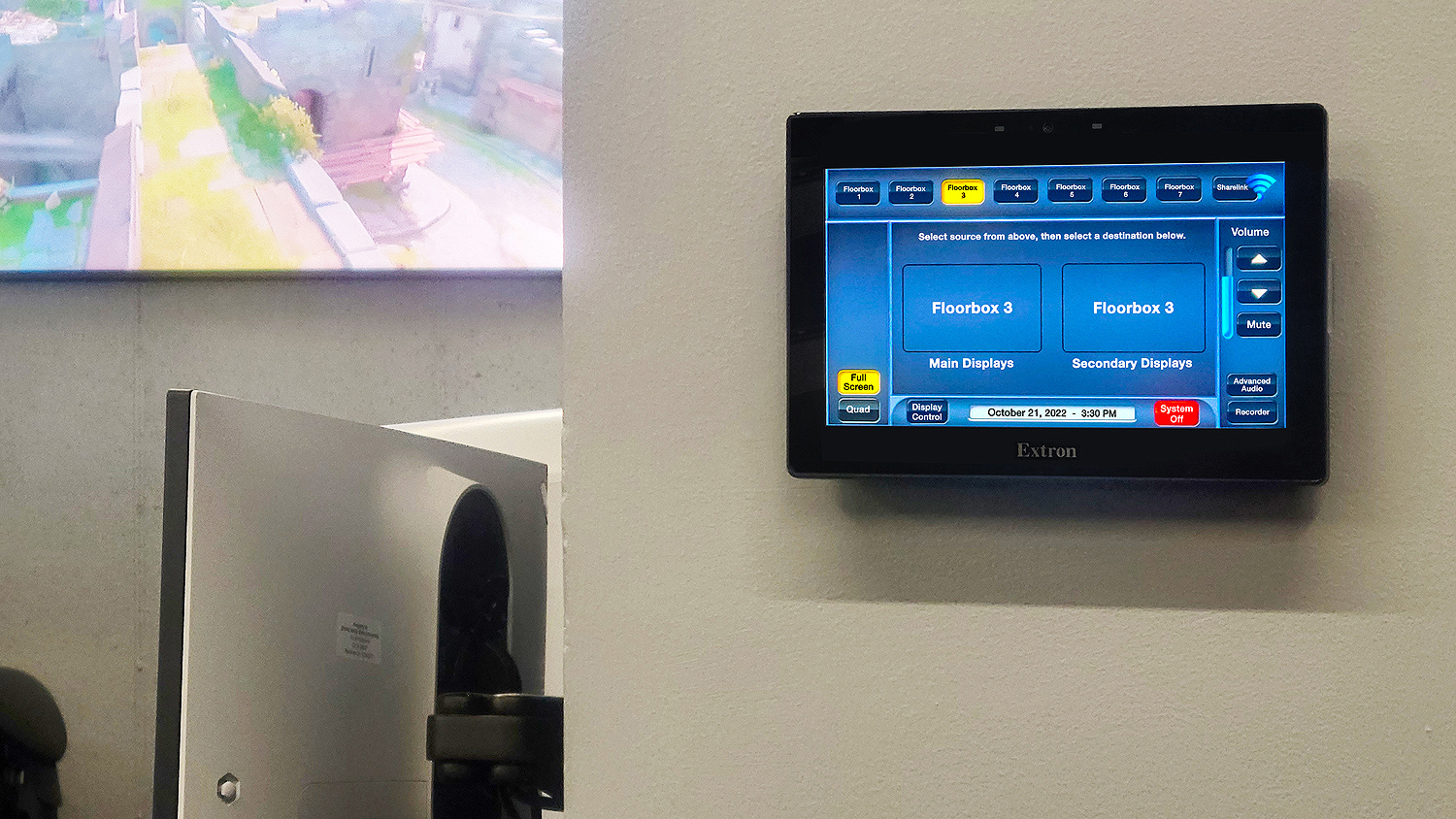 The AV system is controlled using one of the Extron <nobr>TLP Pro 1025M 10" TouchLink<sup>®</sup> Pro</nobr> Touchpanels, which work in conjunction with the <nobr>IPCP Pro 355MQ xi</nobr> control processor built into the <nobr>DTP CrossPoint</nobr> matrix switcher.